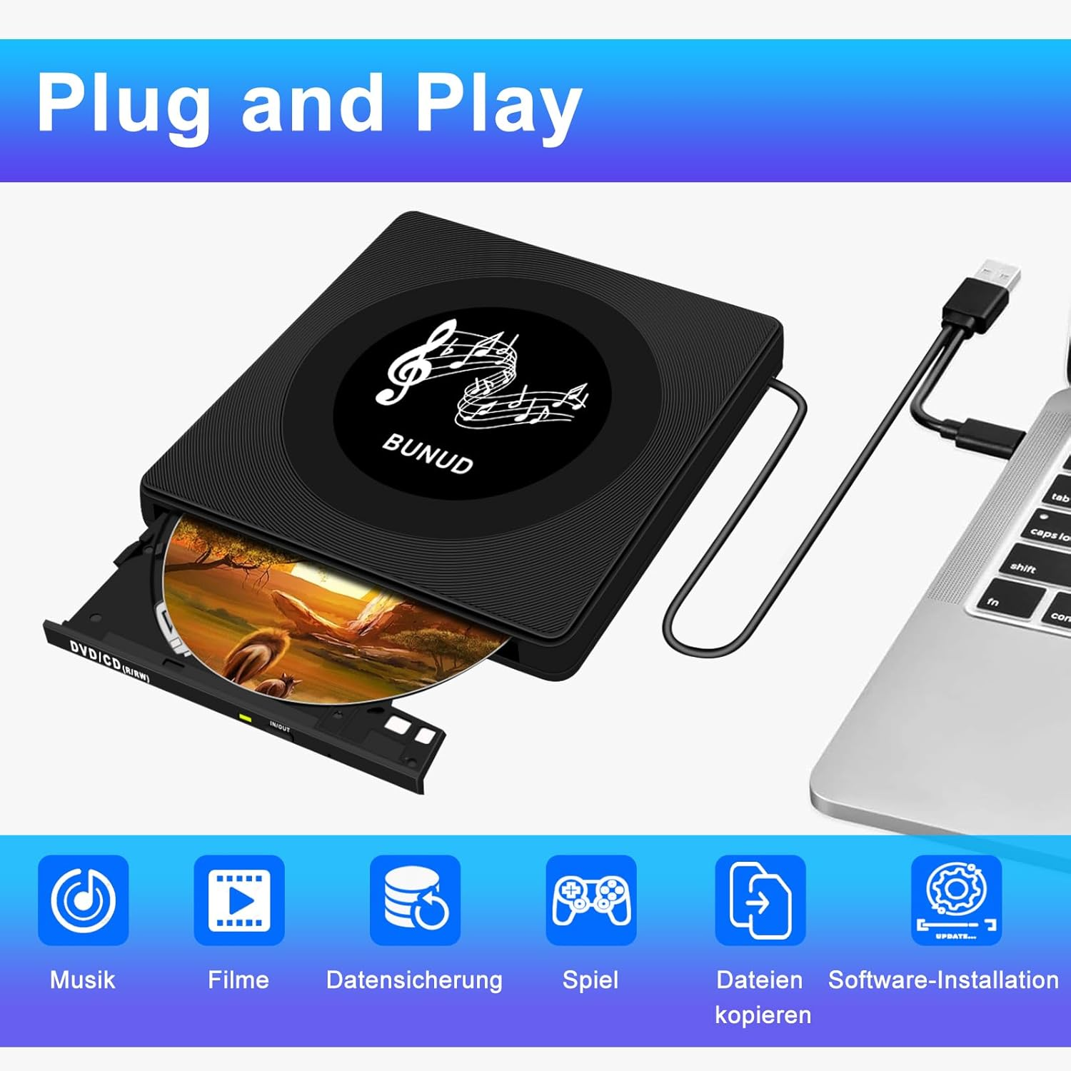 Schwarzes externes DVD-Laufwerk an Laptop angeschlossen, Disc zeigt Löwen.