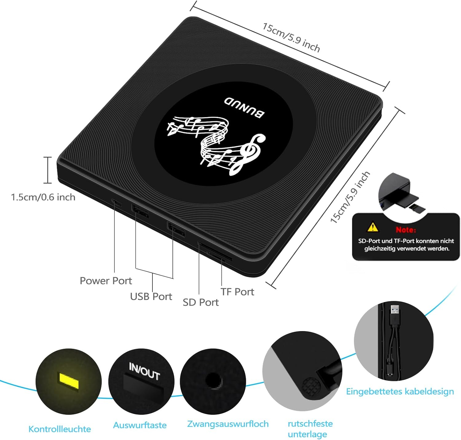 Schwarzes, rechteckiges Gerät mit Musiknoten-Symbol. Anschlüsse: Power, USB, SD, TF.
