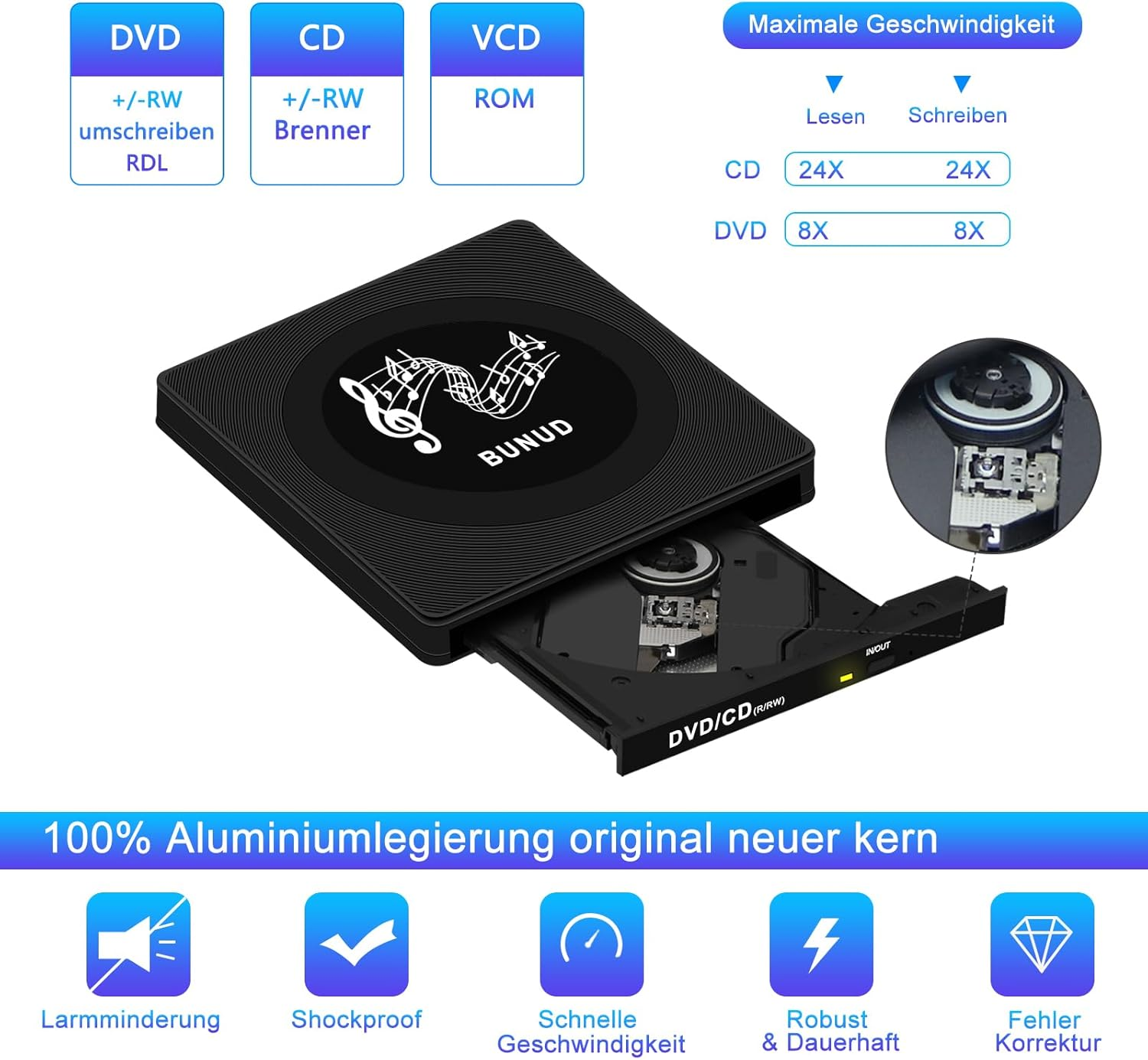 Schwarzer externer DVD/CD-Brenner mit geöffnetem Fach und technischen Details.