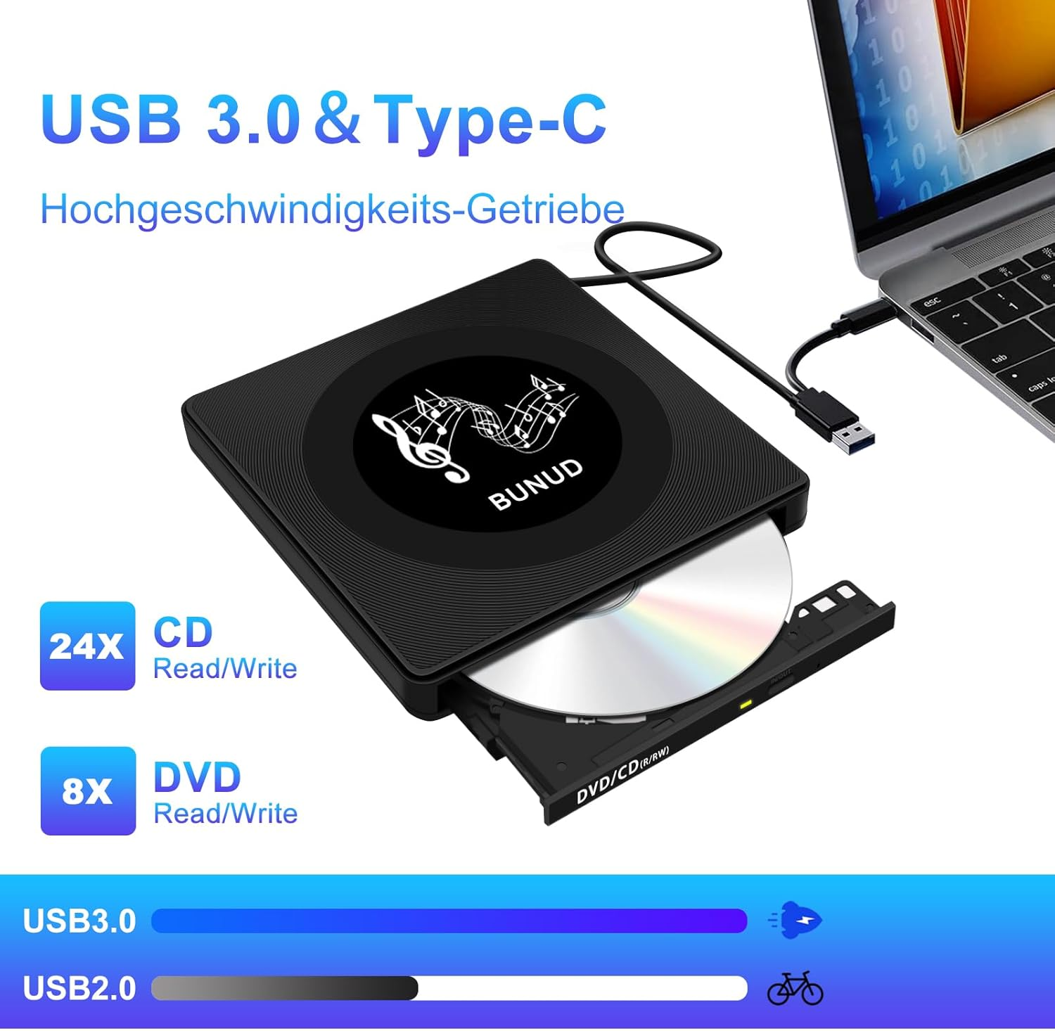 Schwarzer externer USB 3.0/Typ-C CD/DVD-Brenner mit Laptop und CD.