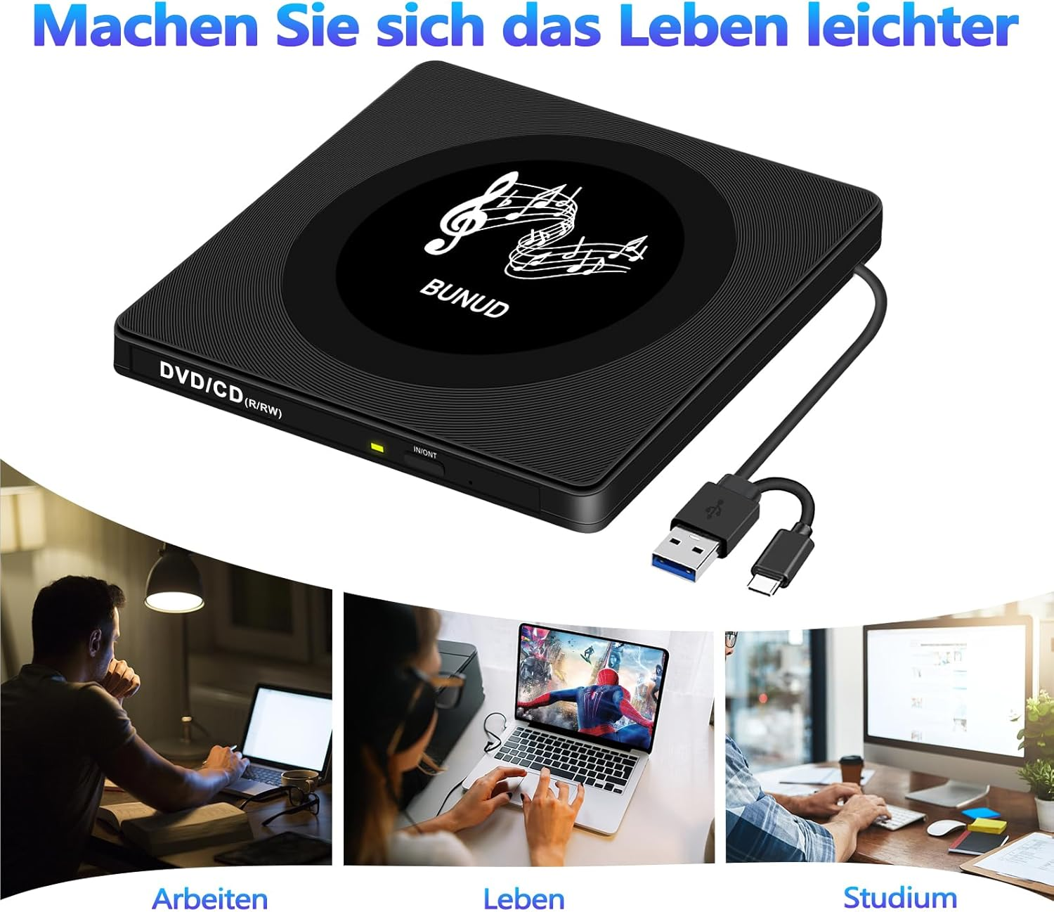 Schwarzer externer DVD/CD-Brenner mit USB-Kabel und drei Szenen: Arbeit, Leben, Studium.