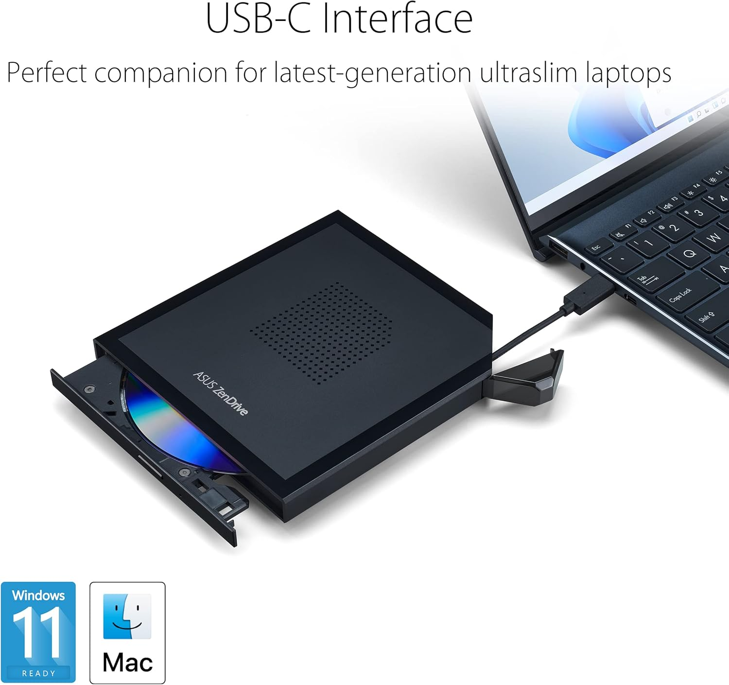 ASUS ZenDrive über USB-C mit einem Laptop verbunden, CD-Schublade offen.