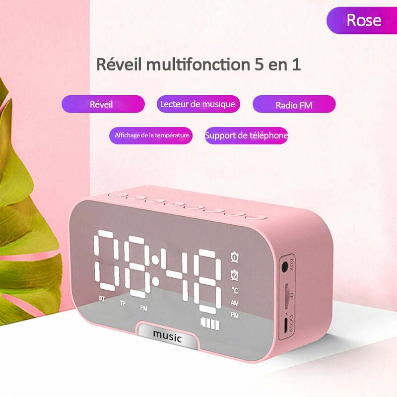 Ein rosafarbener Multifunktionswecker zeigt 08:48 an. Funktionen: Wecker, Musik, Radio, Temperatur, Handyhalter.
