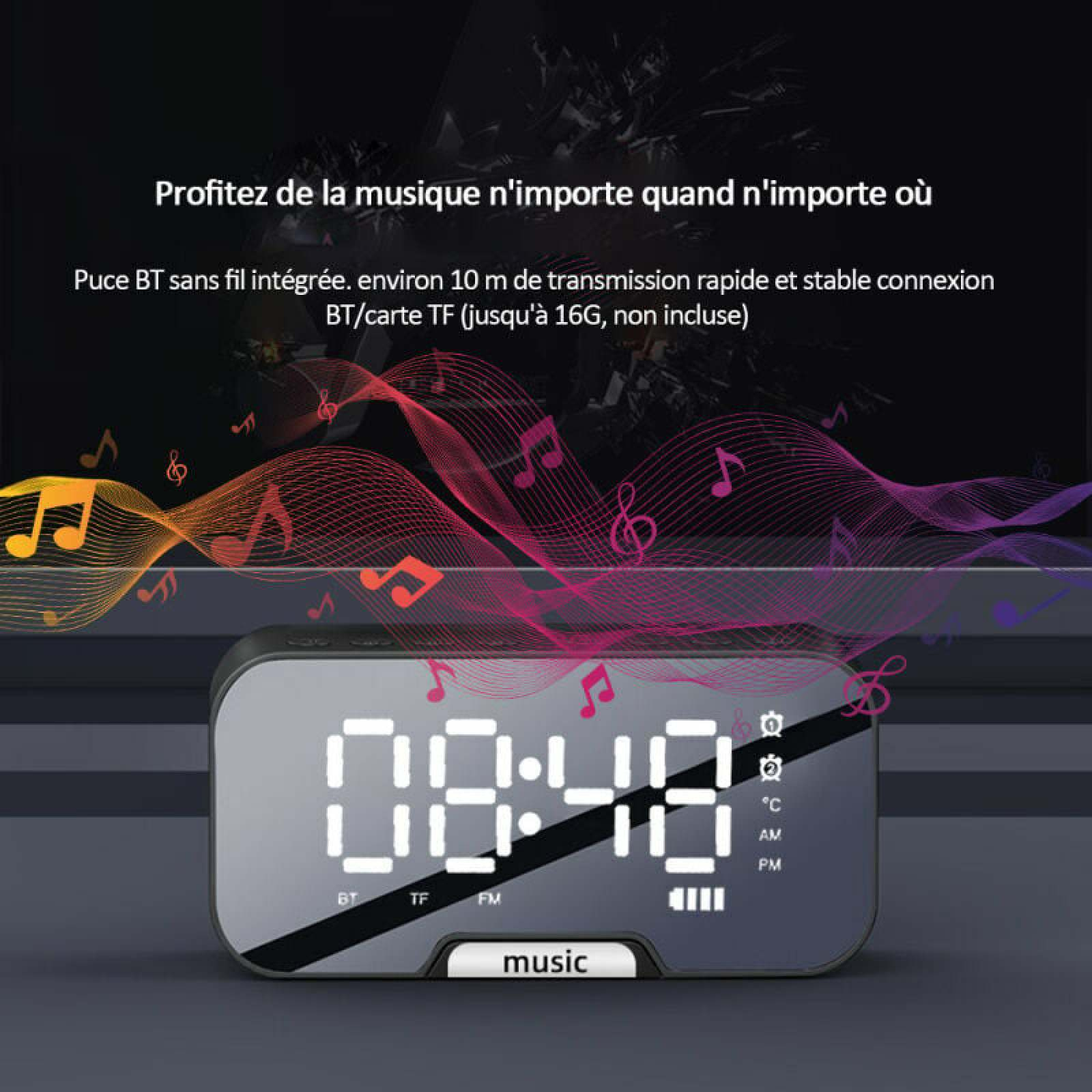 Ein digitaler Wecker mit leuchtenden Zahlen zeigt 08:48 an. Musiknoten schweben.