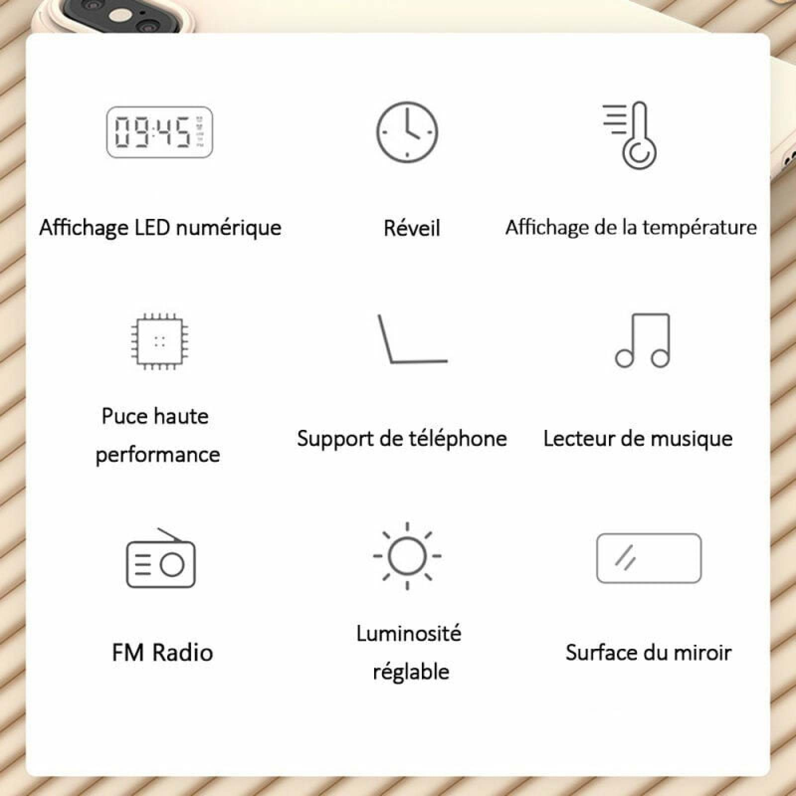 Icons zeigen: Uhrzeit, Wecker, Thermometer, Chip, Handyhalter, Musik, Radio, Helligkeit, Spiegel.