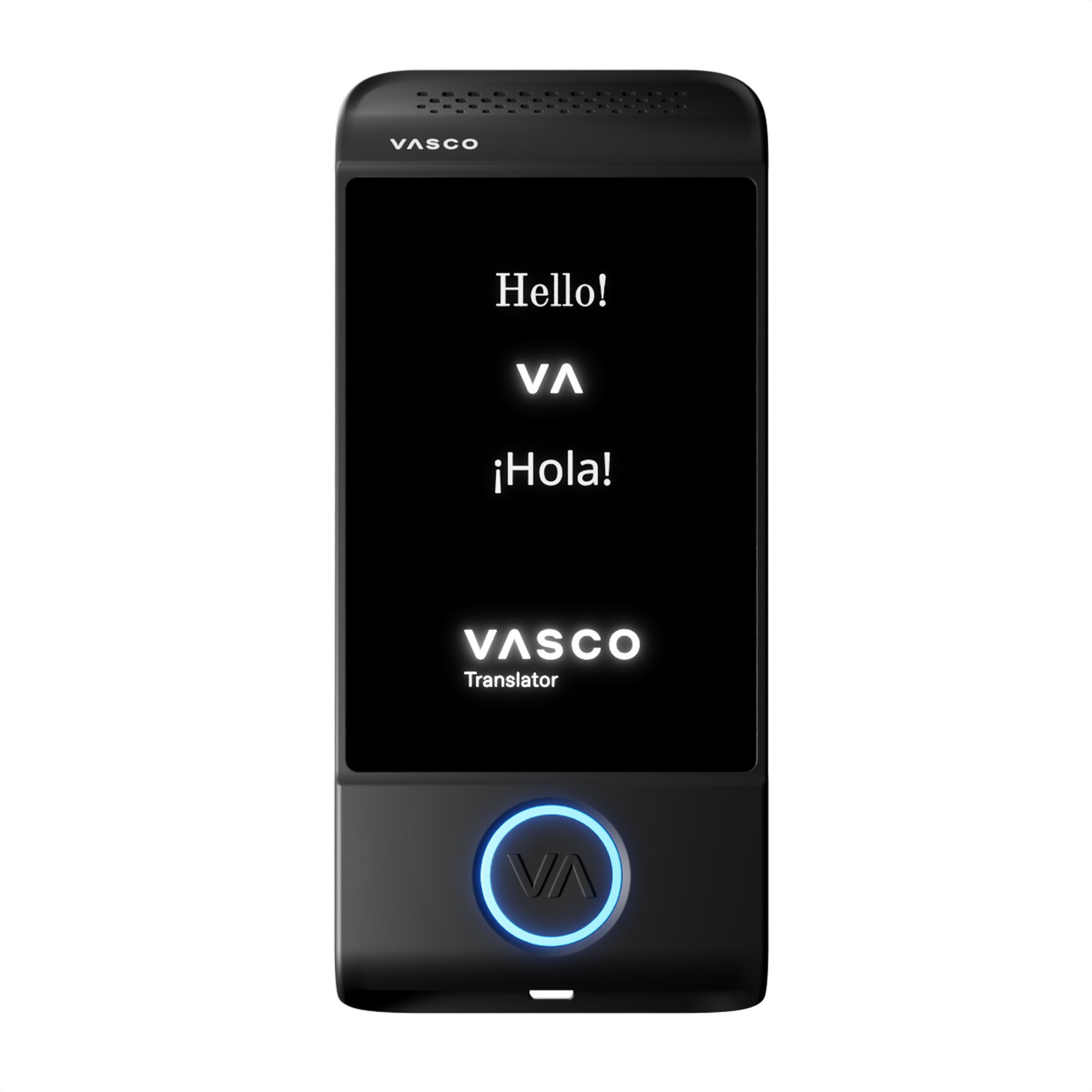 Ein schwarzes Vasco-Übersetzergerät mit leuchtendem Kreis und Text.