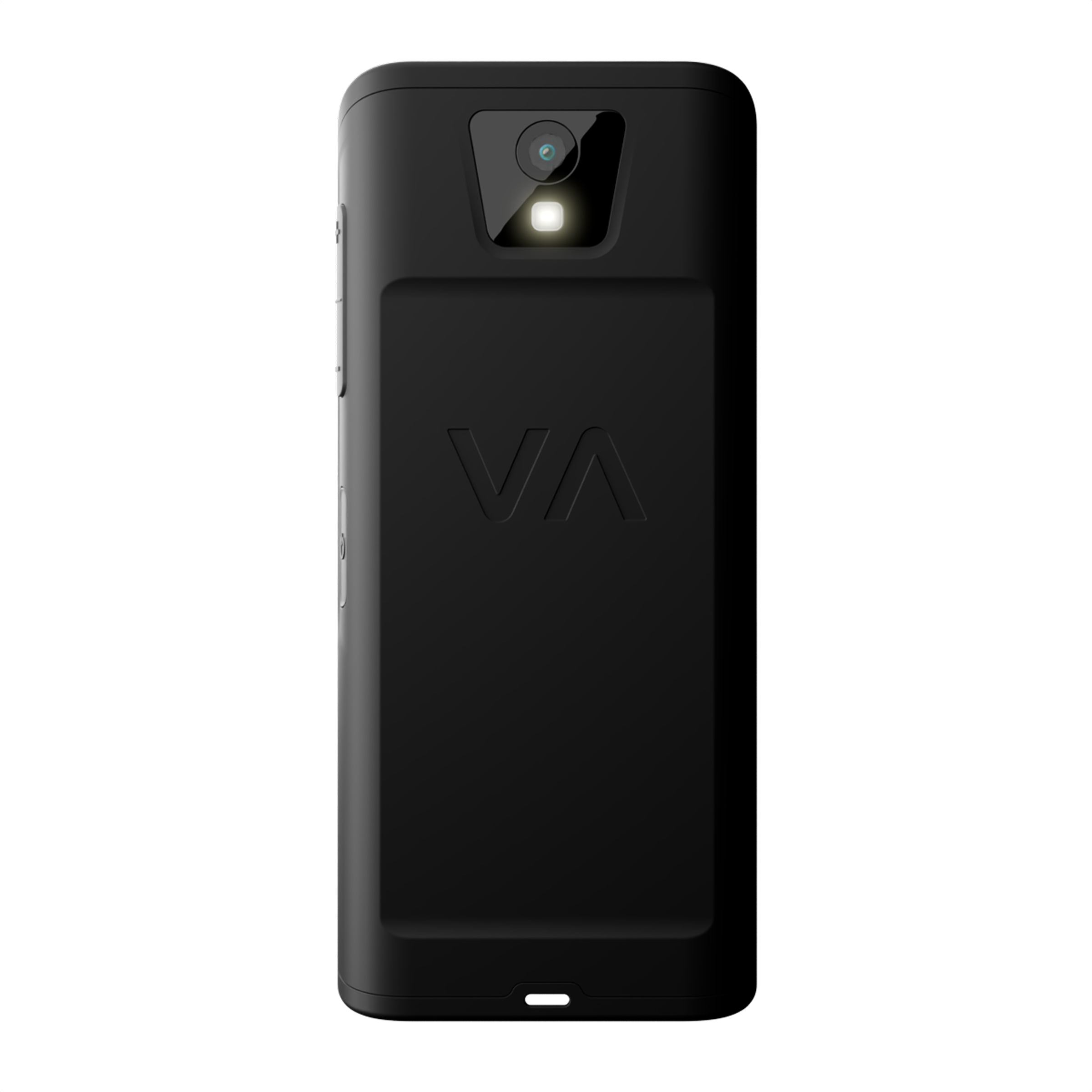 Schwarzes Smartphone mit Kamera und Blitz oben auf der Rückseite.