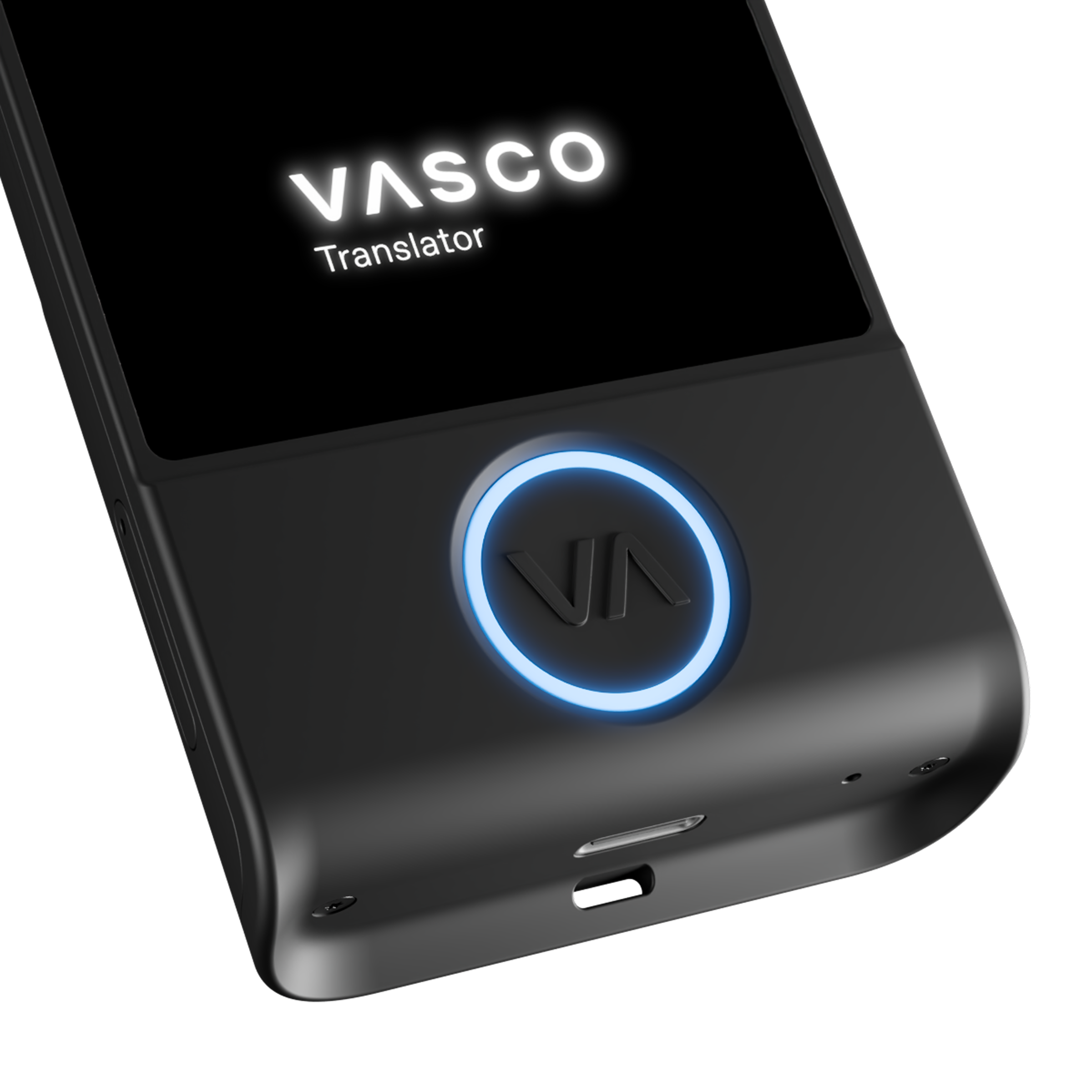 Schwarzer Vasco Translator mit blau leuchtendem Knopf.