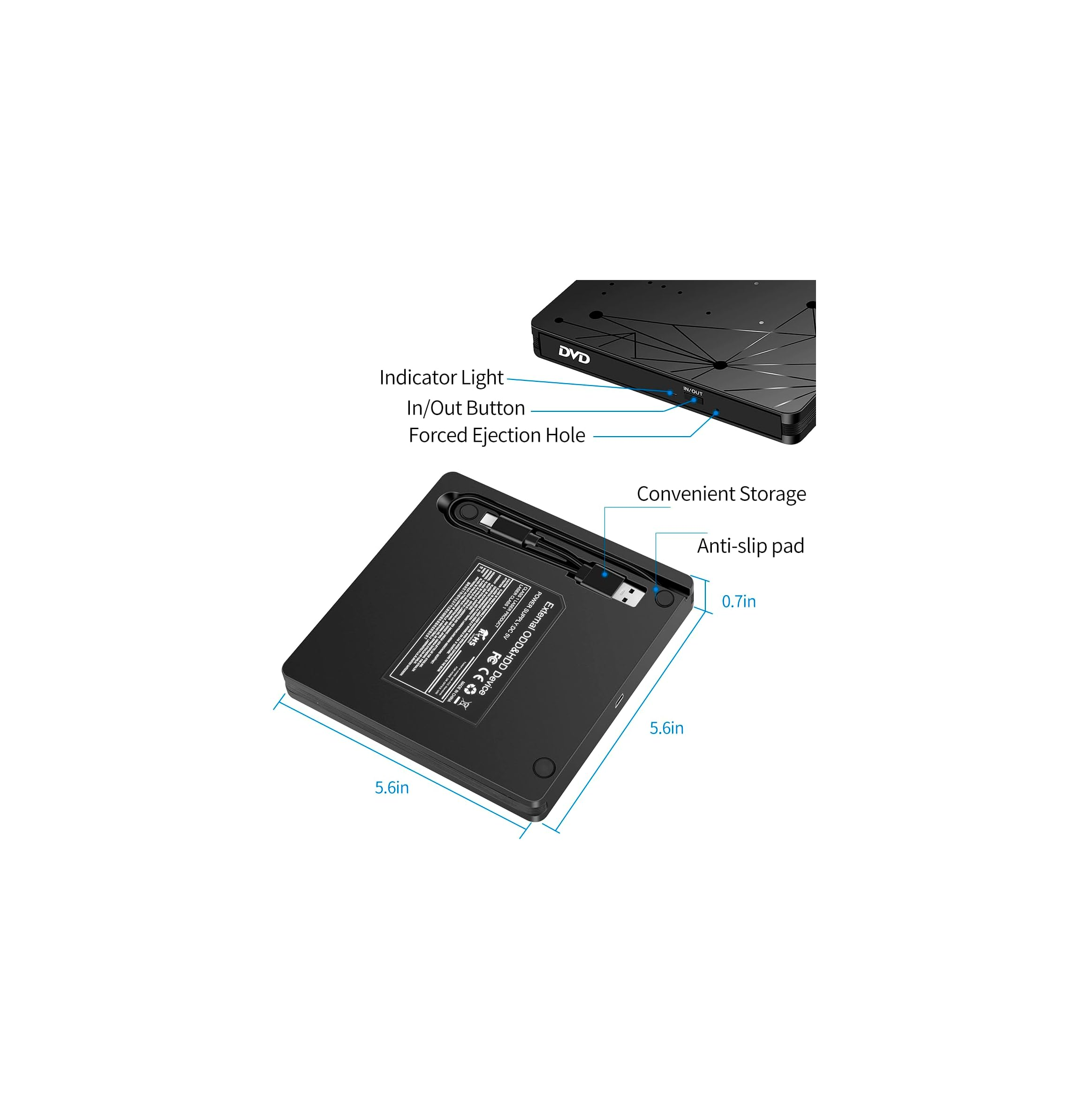 Schwarzes externes DVD-Laufwerk mit USB-Kabel, Maßen 5,6x5,6x0,7 Zoll.