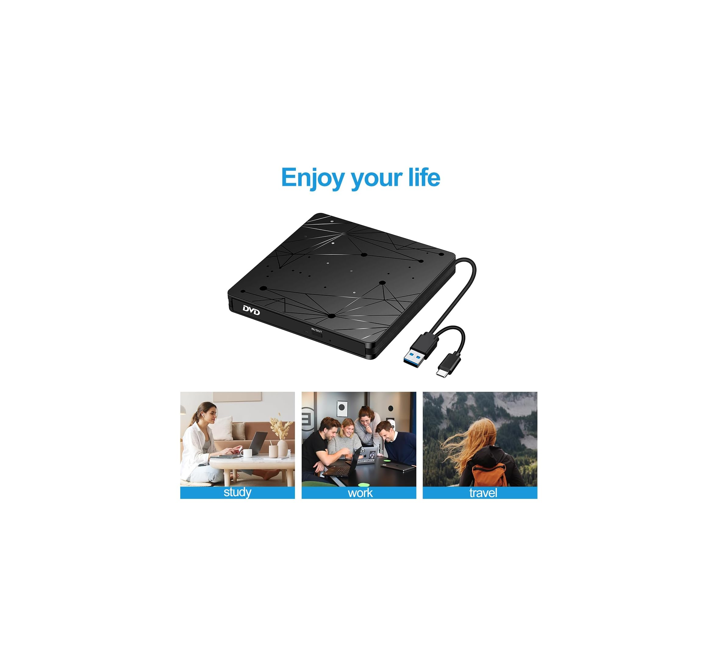 Schwarzer DVD-Brenner mit USB-Anschluss, daneben drei Bilder: Lernen, Arbeiten, Reisen.