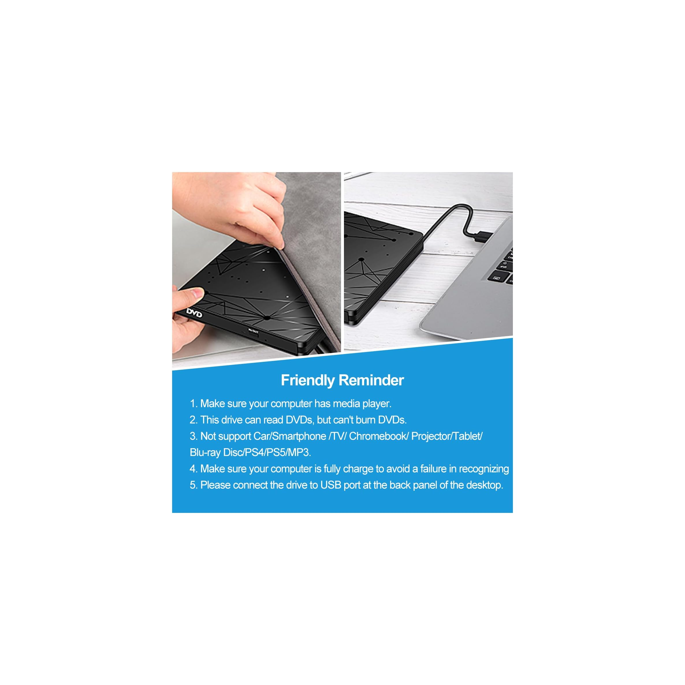 Ein schwarzes DVD-Laufwerk wird an einen Laptop angeschlossen. Hinweise sind auf Blau.