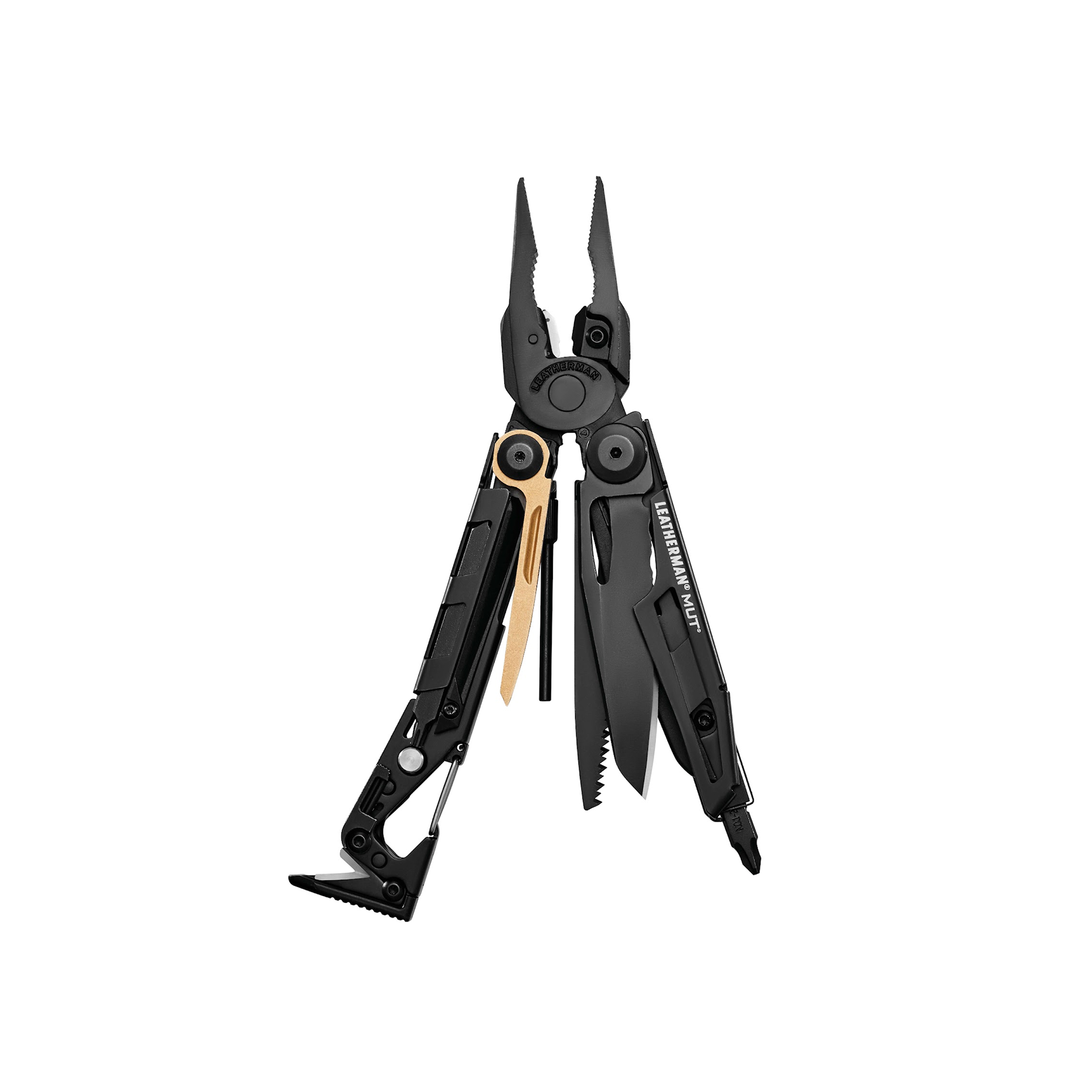 Ein schwarzes Multitool mit Zangen, Messern und Werkzeugen. Es ist auf weißem Hintergrund.