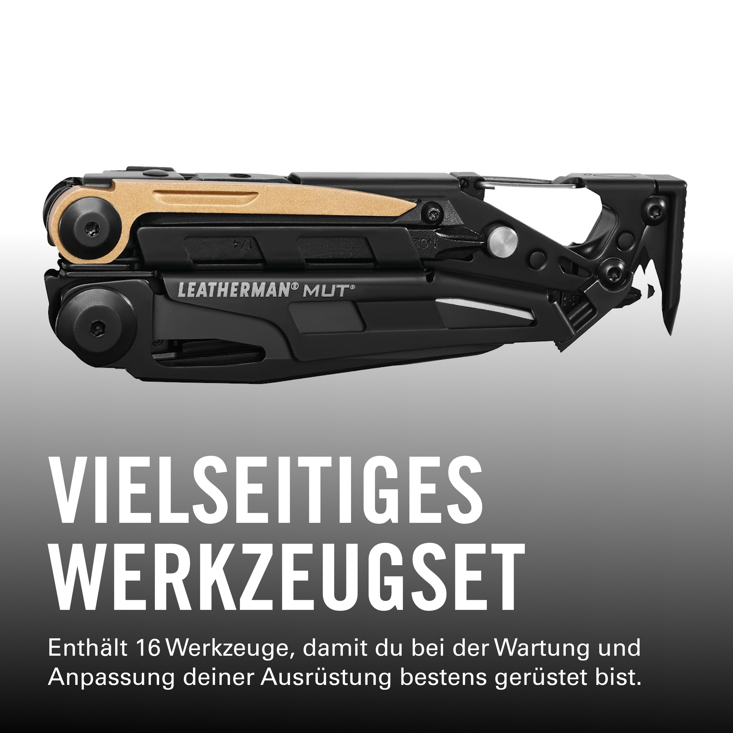 Schwarzes Leatherman MUT Multitool mit goldenen Akzenten und Text.