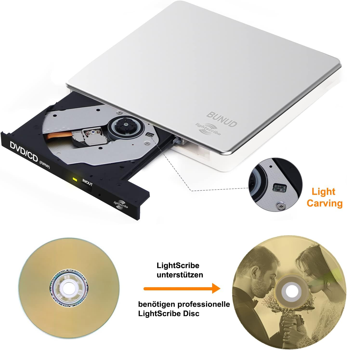 Ein silberner externer DVD/CD-Brenner mit ausgefahrenem Laufwerk und einer Disc.