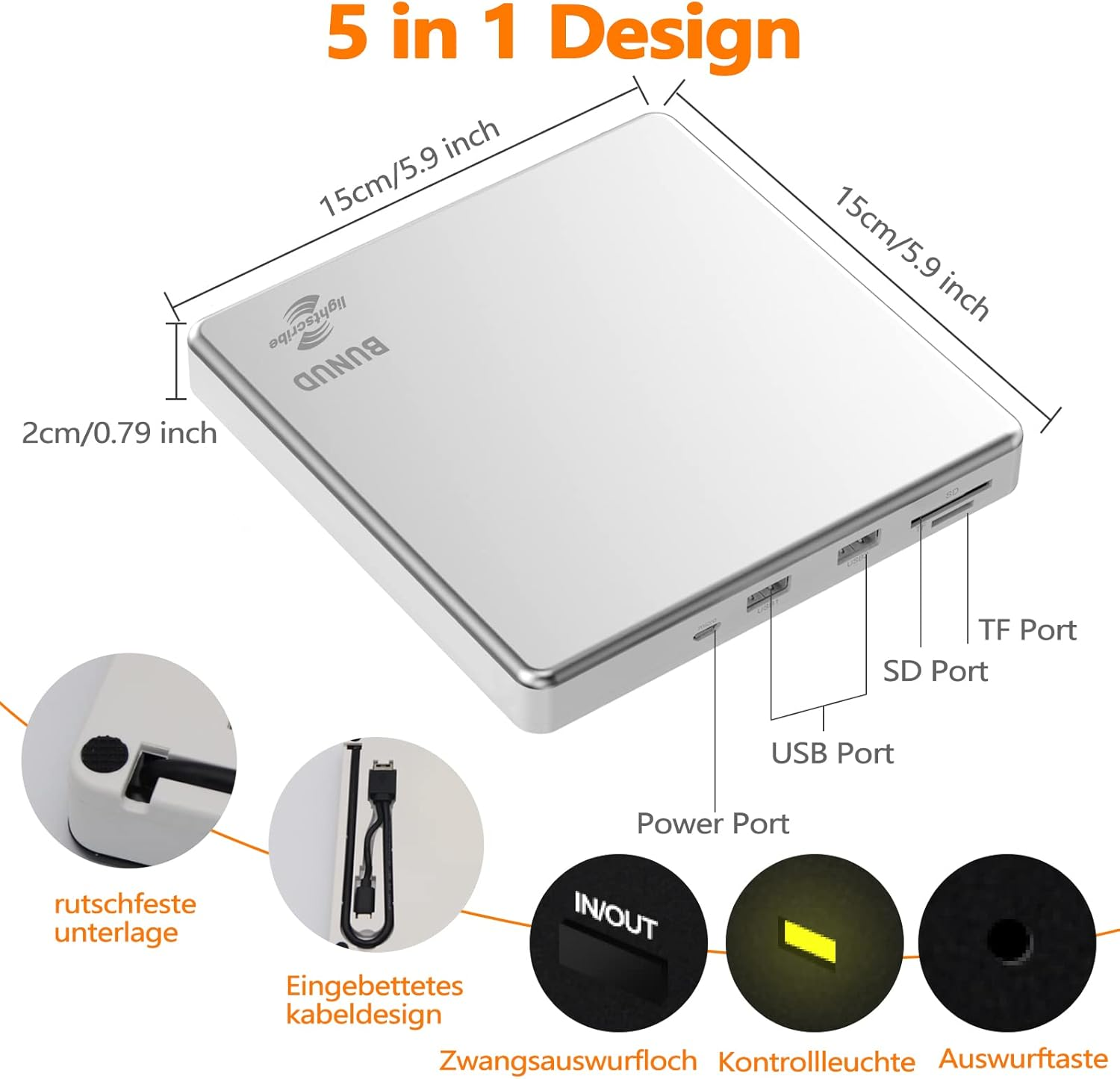 Silbernes externes Laufwerk mit Abmessungen und Anschlüssen wie USB, SD und TF.