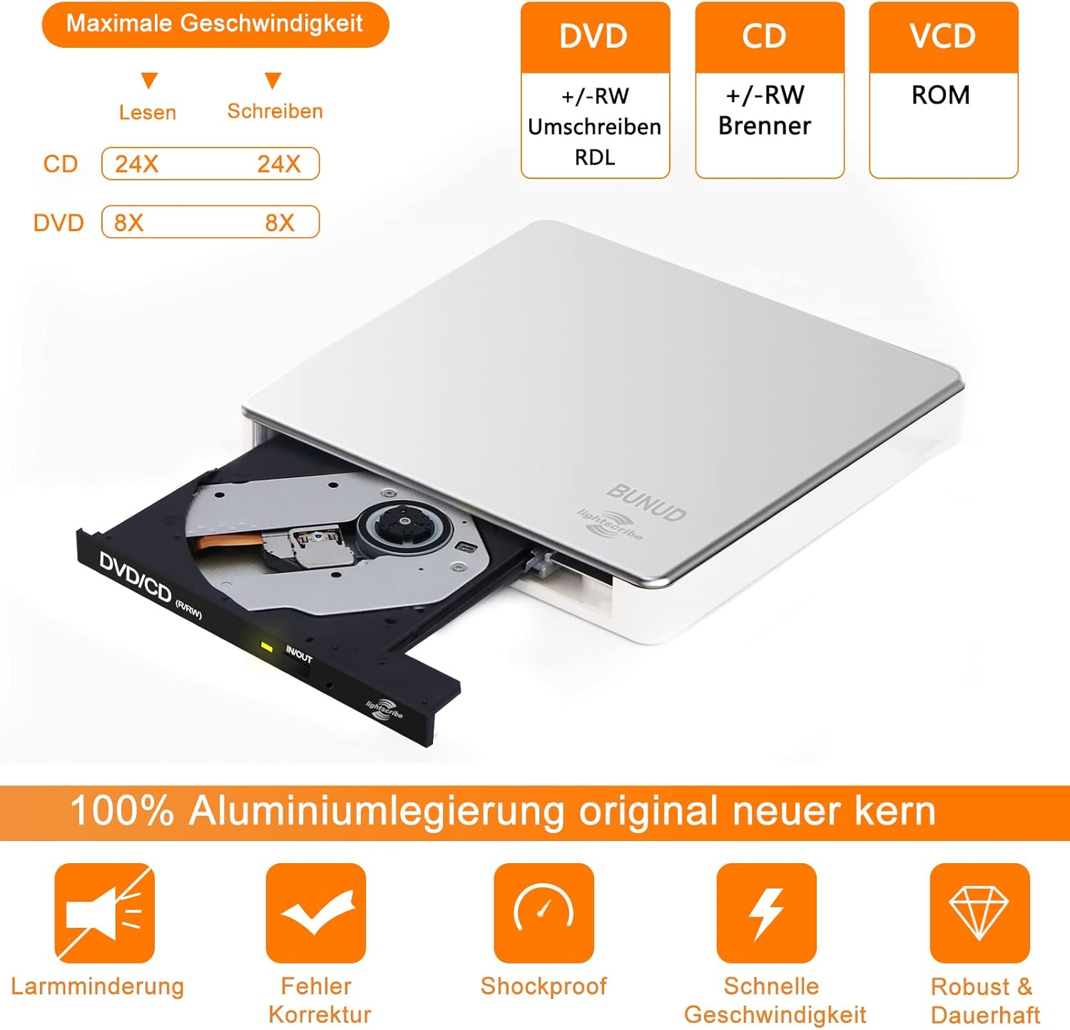 Ein silberner externer DVD/CD-Brenner mit geöffnetem Laufwerk, das eine Disc zeigt.