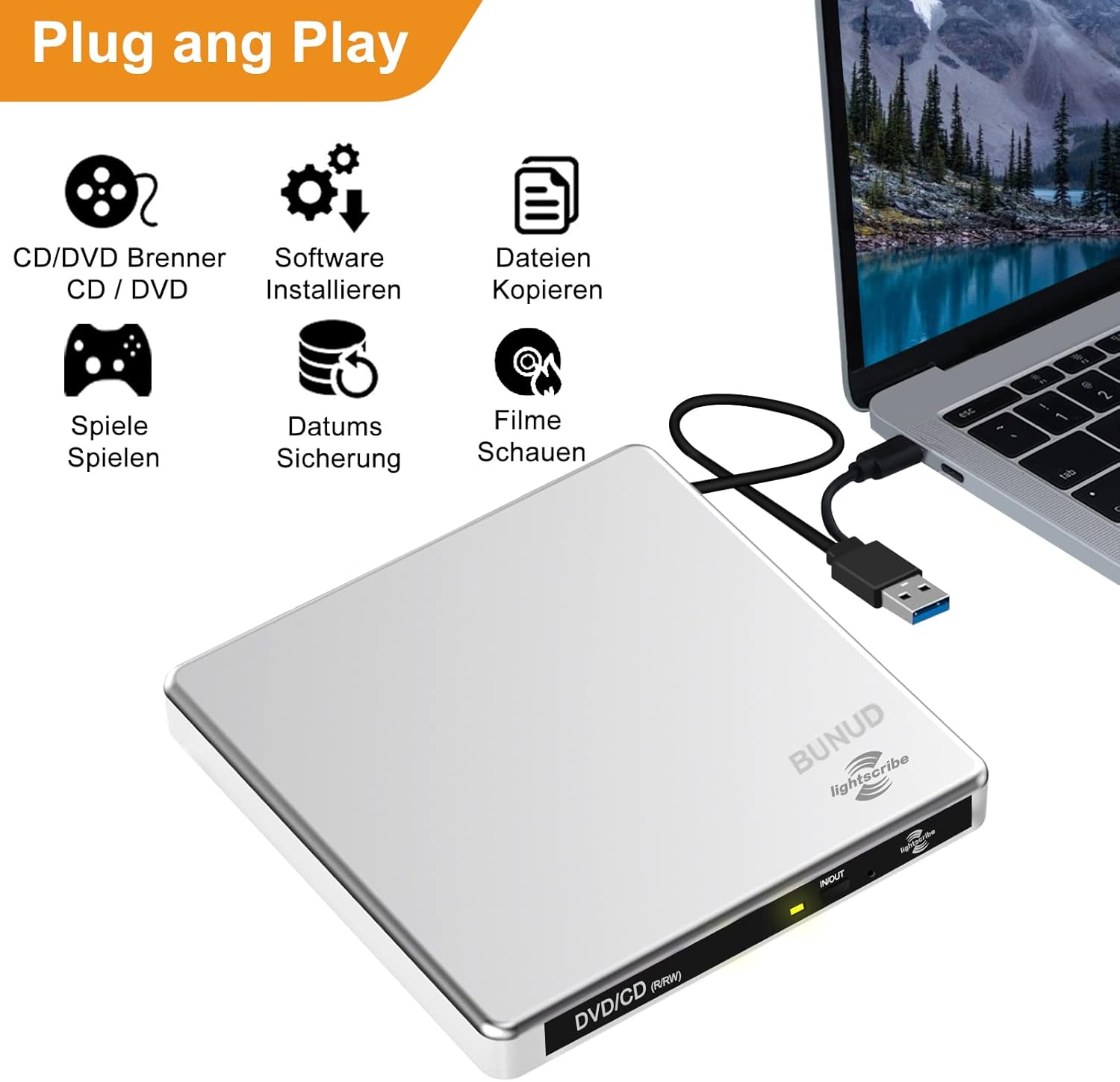 Silbernes externes DVD-Laufwerk mit USB-Anschluss an einem Laptop.