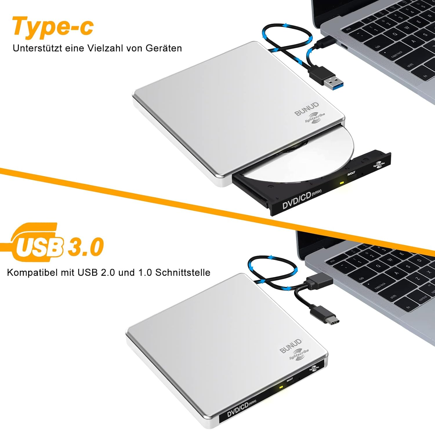 Silberne externe DVD-RW-Laufwerke mit USB-C und USB-A-Anschlüssen an Laptops.