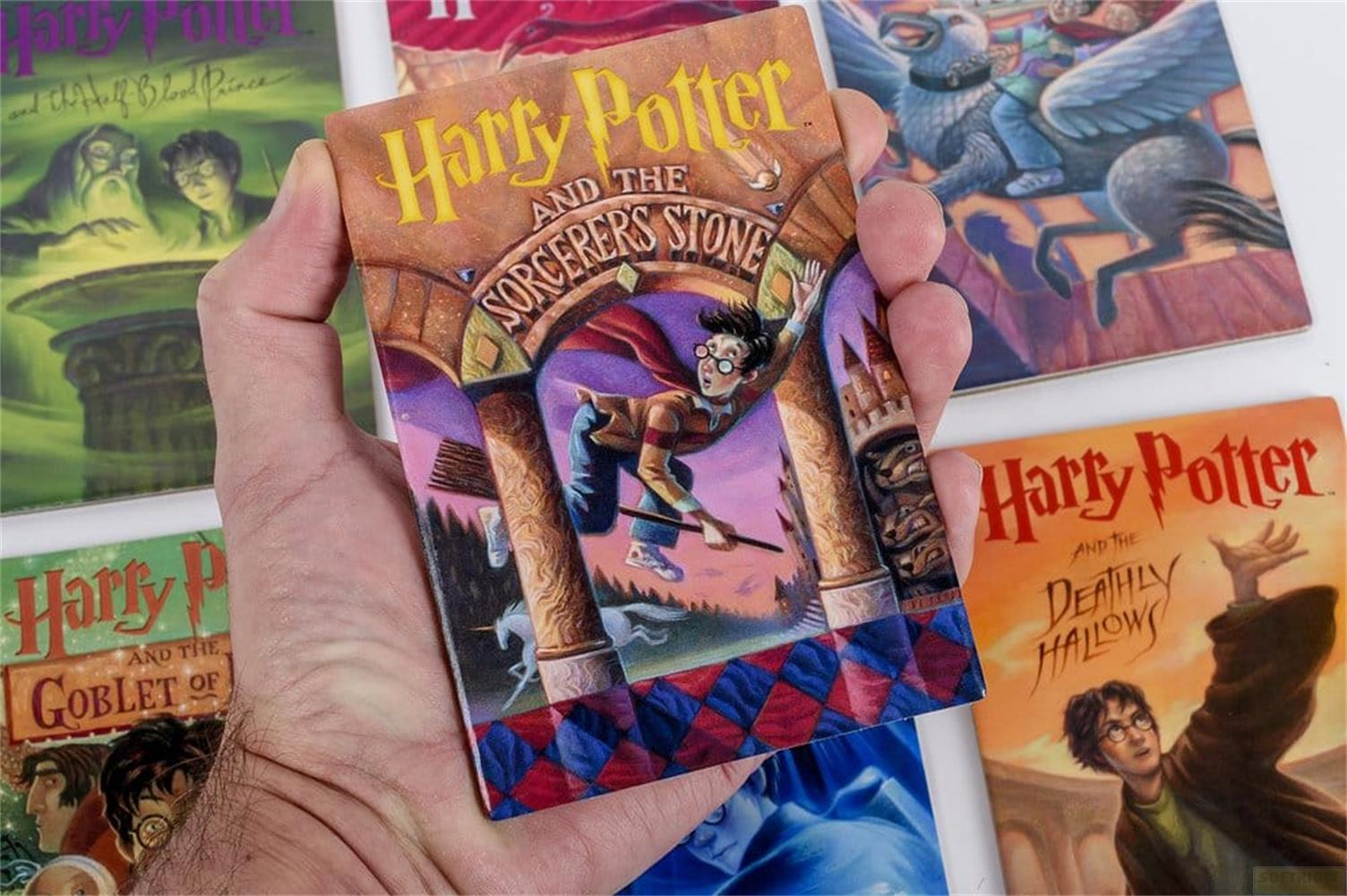 Hand hält Buch "Harry Potter und der Stein der Weisen". Andere Bücher im Hintergrund.