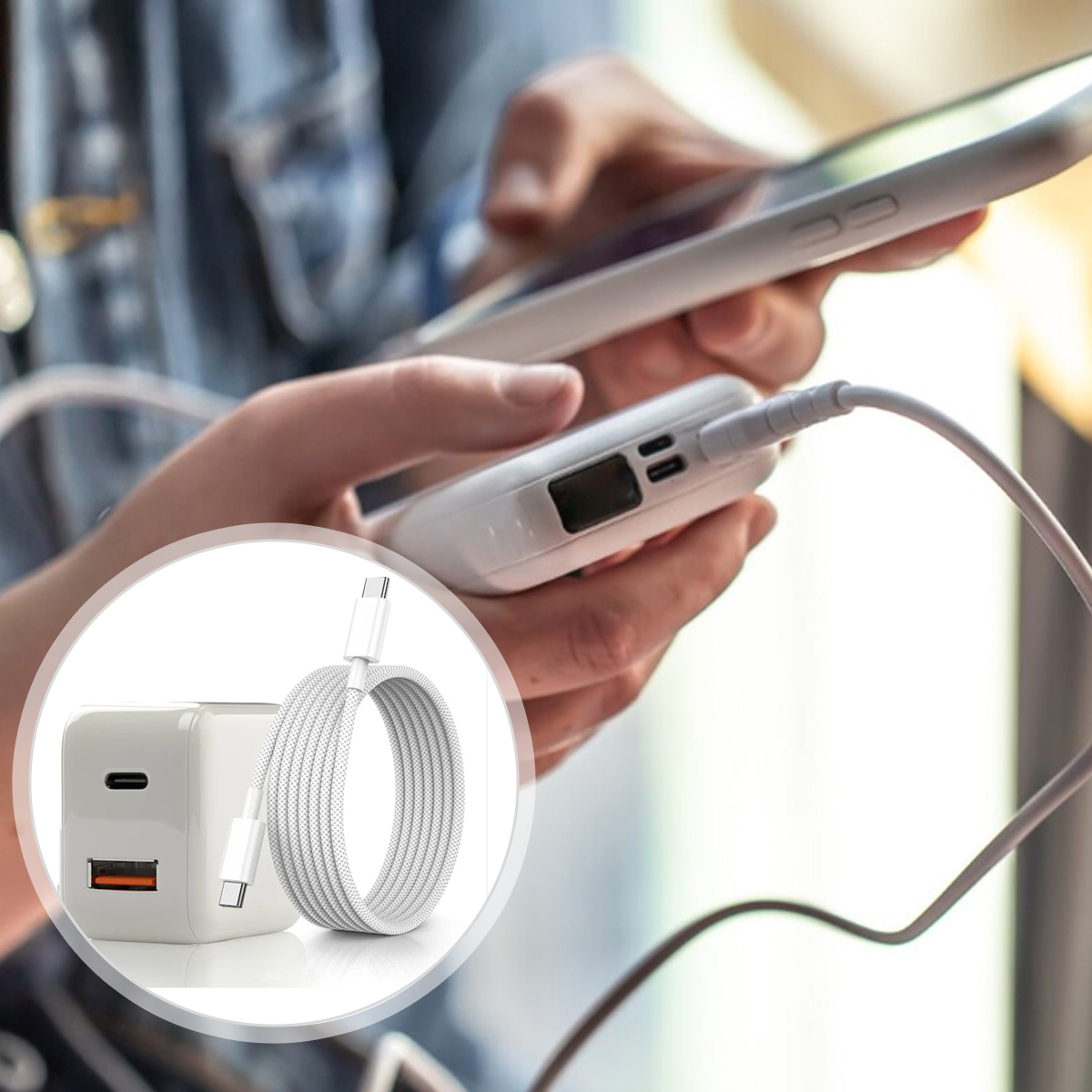 Person lädt Smartphone mit weißem Powerbank und Netzteil.