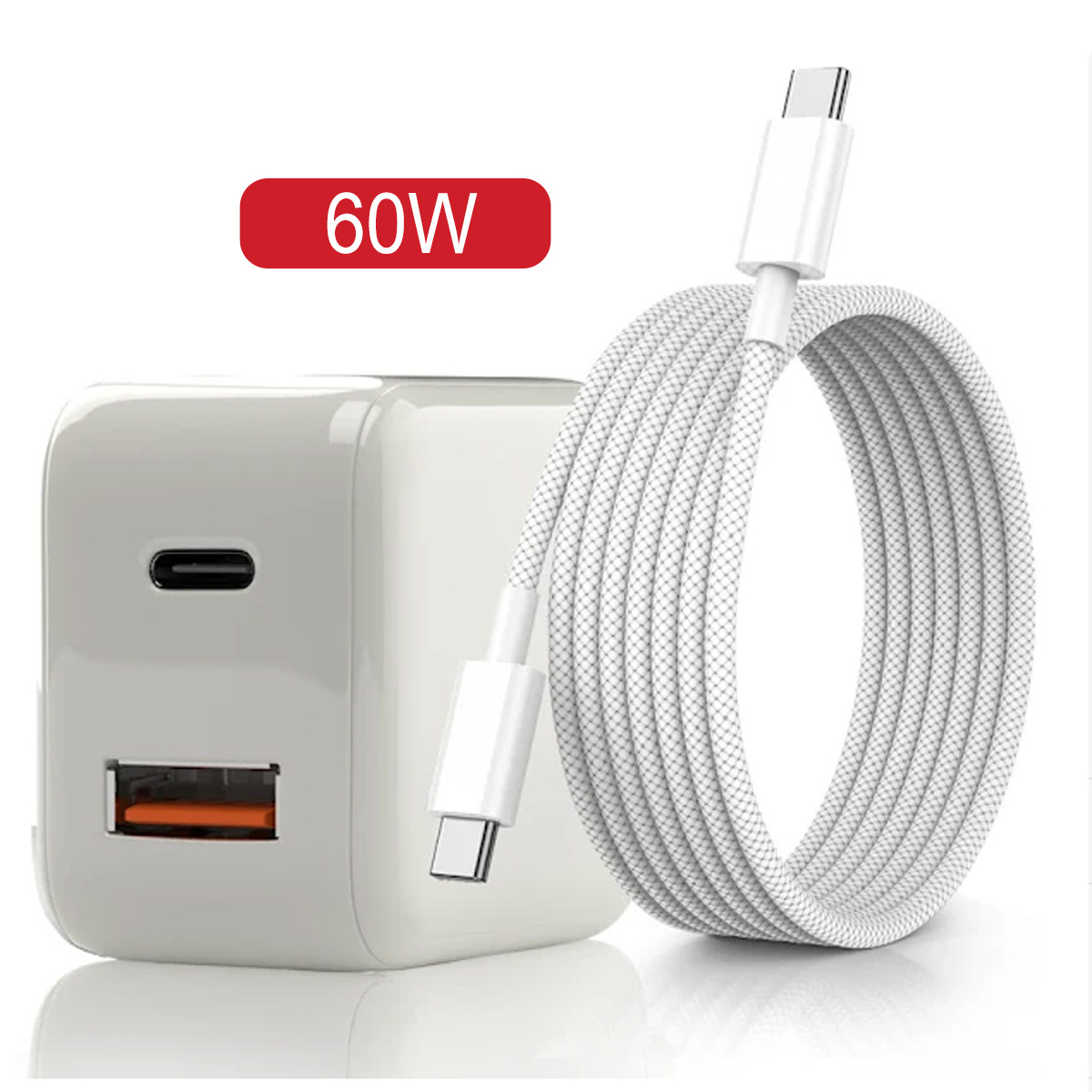 Ein weißer 60W USB-C-Ladegerät mit einem USB-A-Anschluss und einem weißen Kabel.