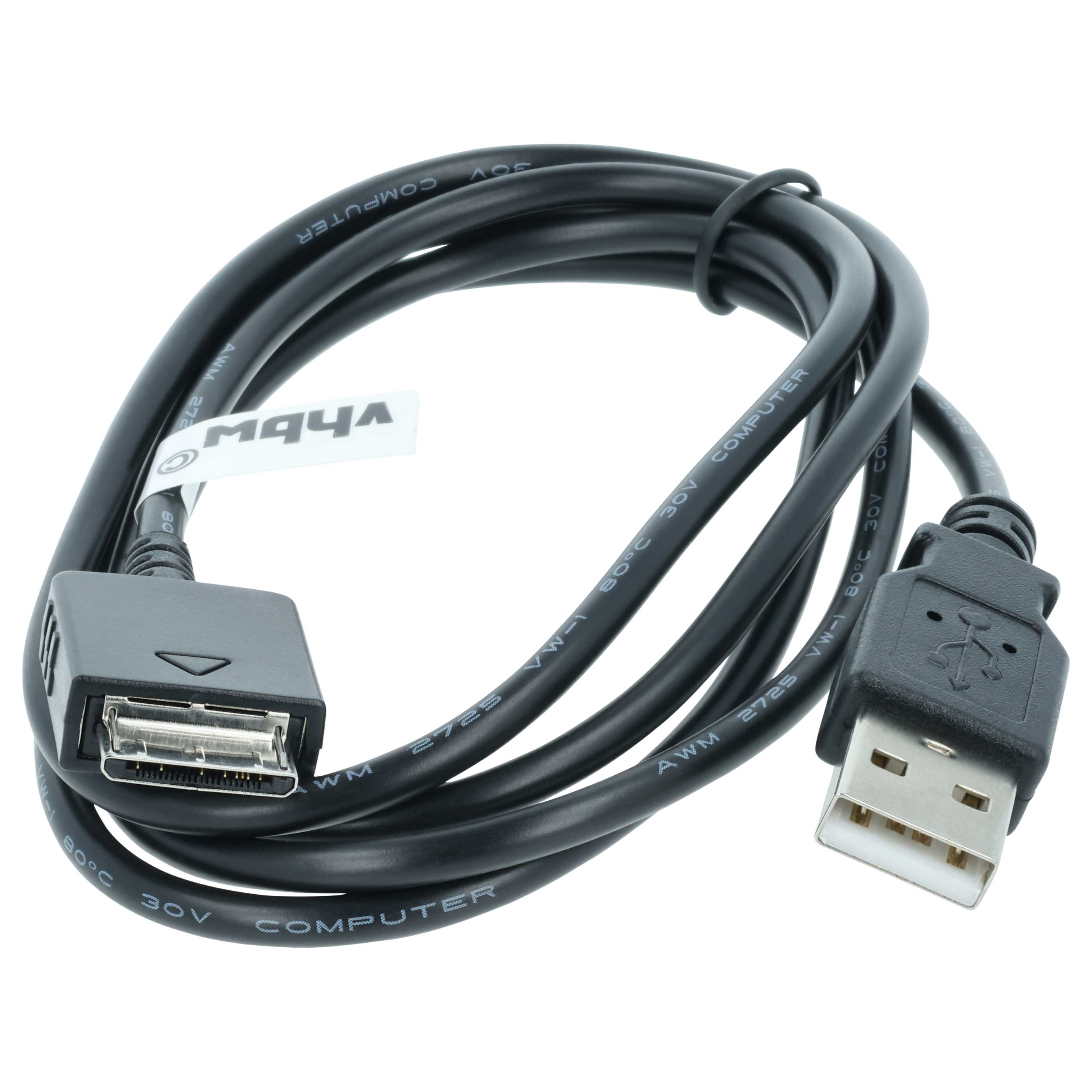 Ein schwarzes USB-Kabel mit einem 30-Pin-Anschluss und einem USB-A-Stecker.