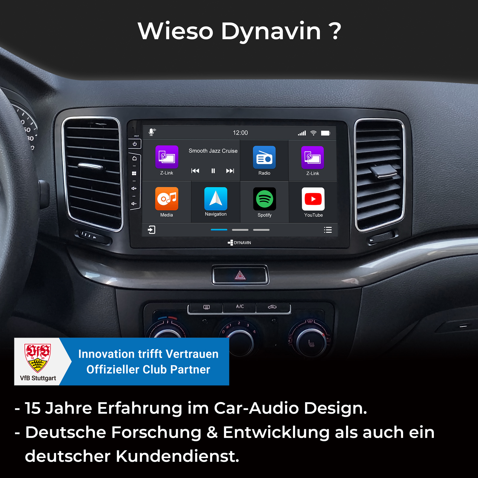 Ein Autoradio-Bildschirm mit App-Symbolen wie Z-Link, Radio und Spotify.