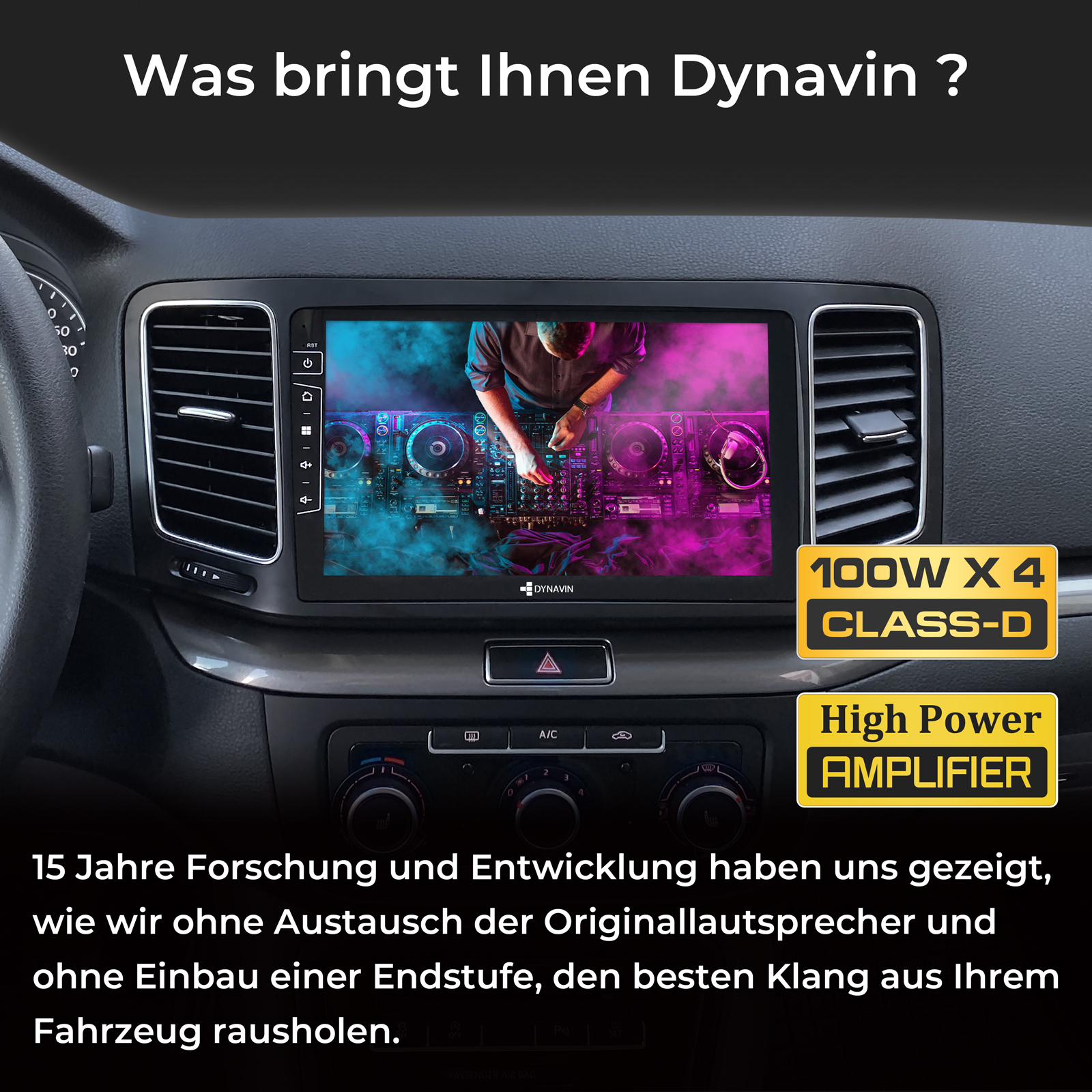 Ein Autoradio mit DJ-Bildschirm zeigt 100W X 4 Class-D und High Power Amplifier.