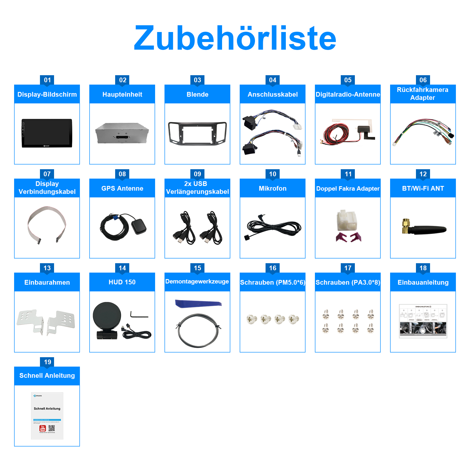 Übersicht verschiedener Autozubehörteile mit deutscher Beschriftung.