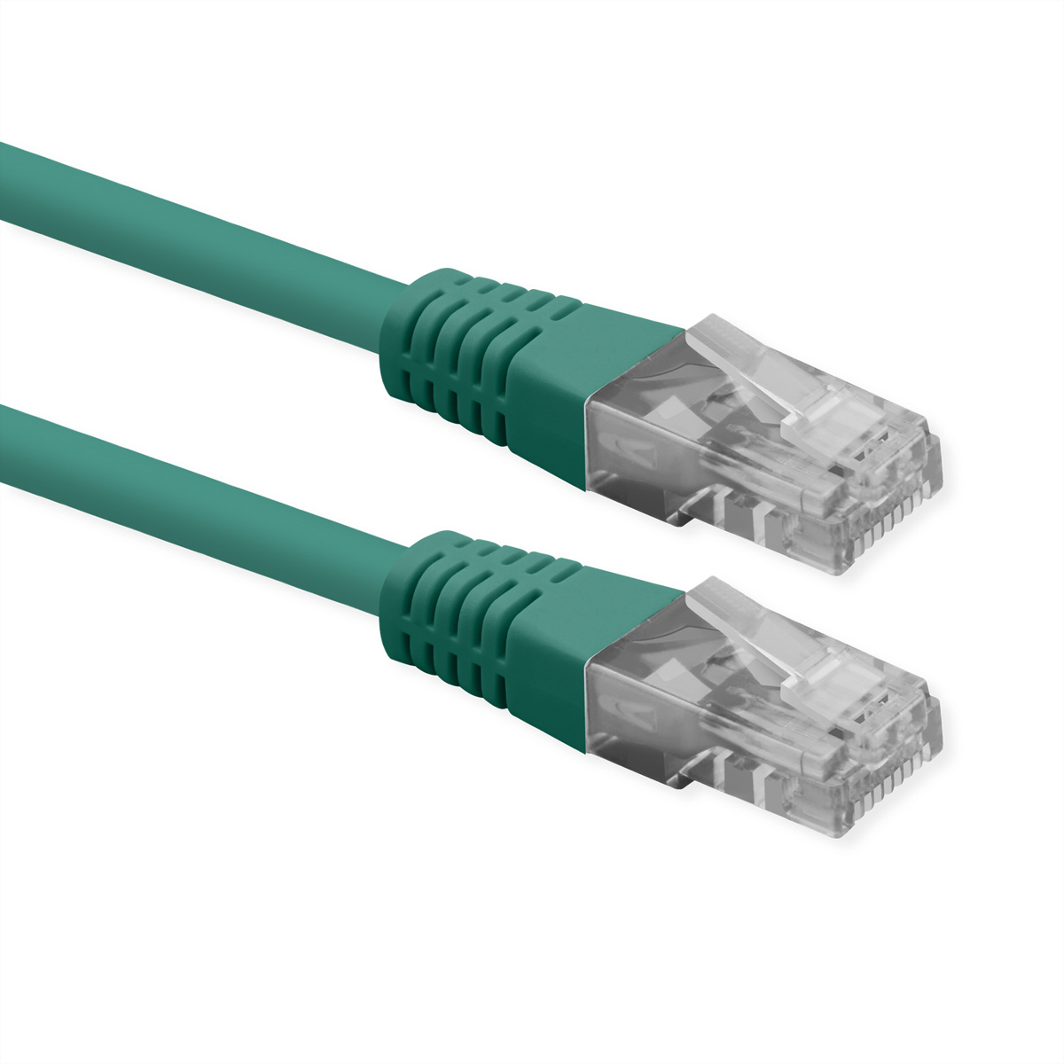 Zwei grüne Ethernet-Kabel mit klaren RJ45-Steckern auf weißem Hintergrund.