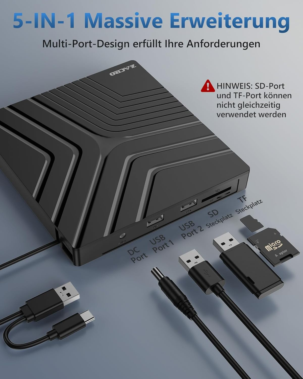 Schwarzer 5-in-1-Erweiterungsadapter mit Kabeln und Speicherkarten.