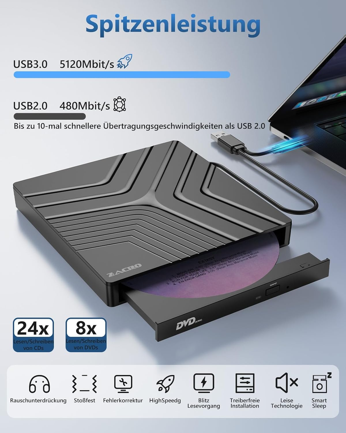 Externes DVD-Laufwerk mit USB 3.0, liest/schreibt CDs mit 24x und DVDs mit 8x.