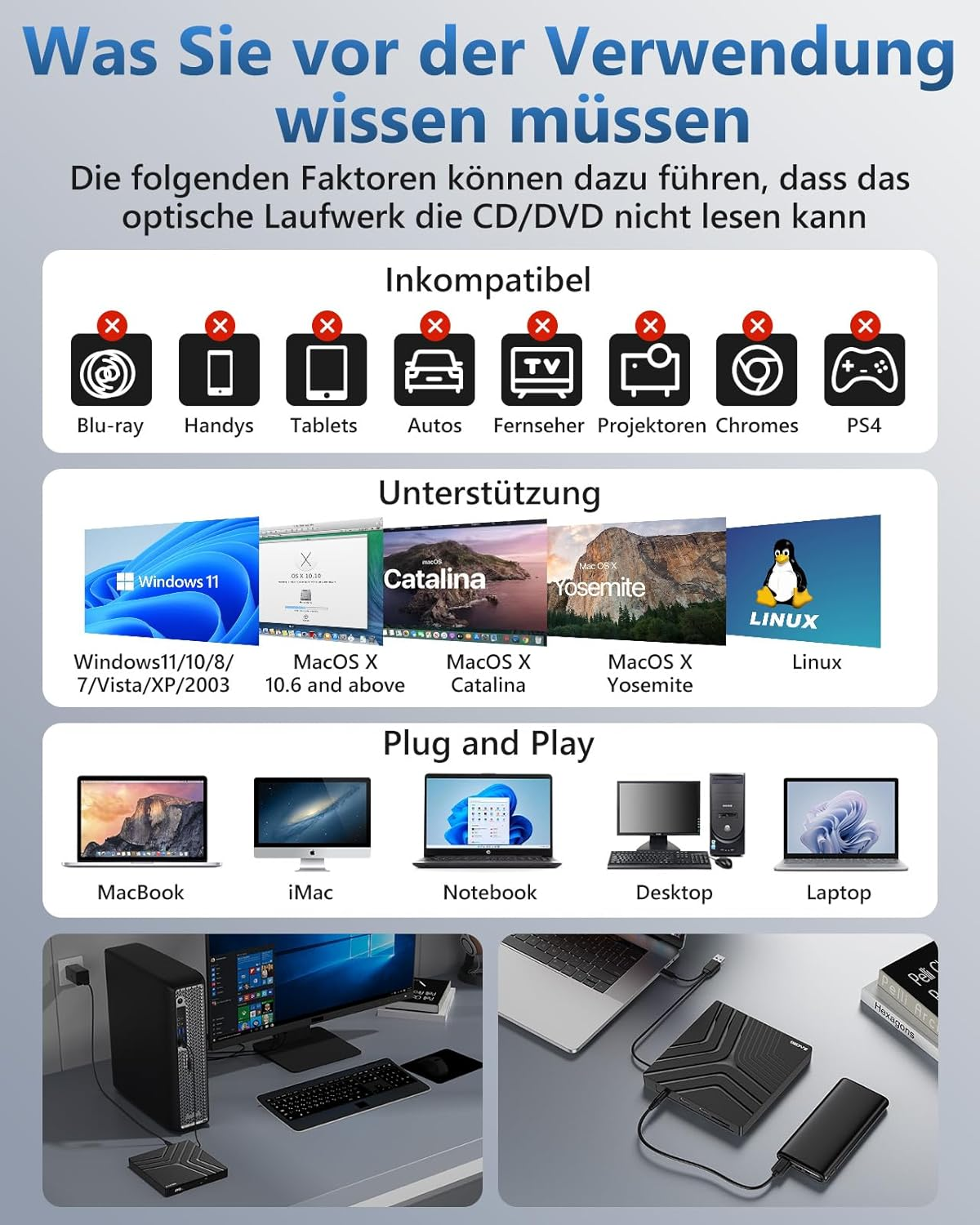 Grafik zeigt Inkompatibilität und Unterstützung von optischen Laufwerken.
