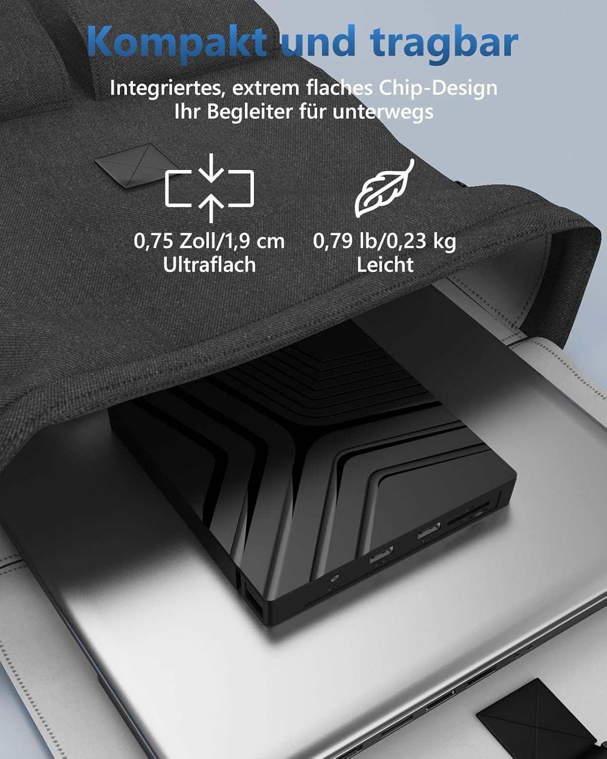 Schwarzes, flaches Gerät mit Anschlüssen, in Tasche mit Maßen.