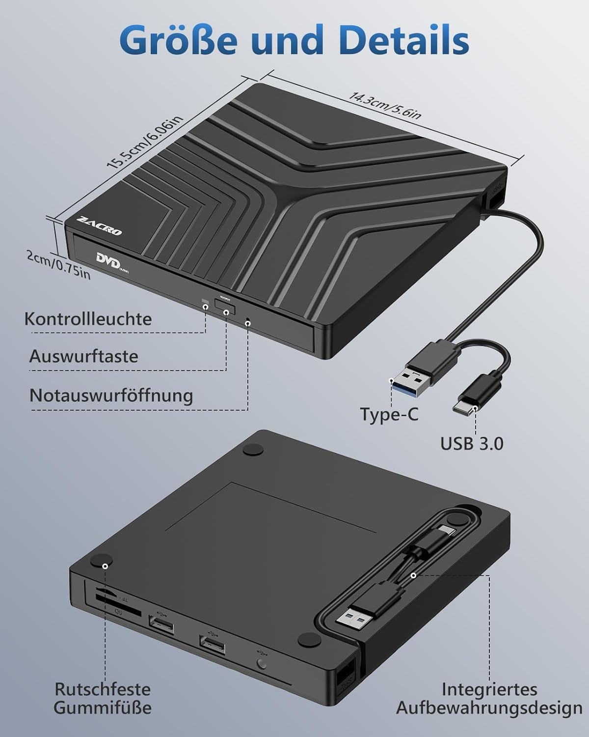 Schwarzer externer DVD-Brenner mit USB-C und USB-3.0-Anschlüssen.
