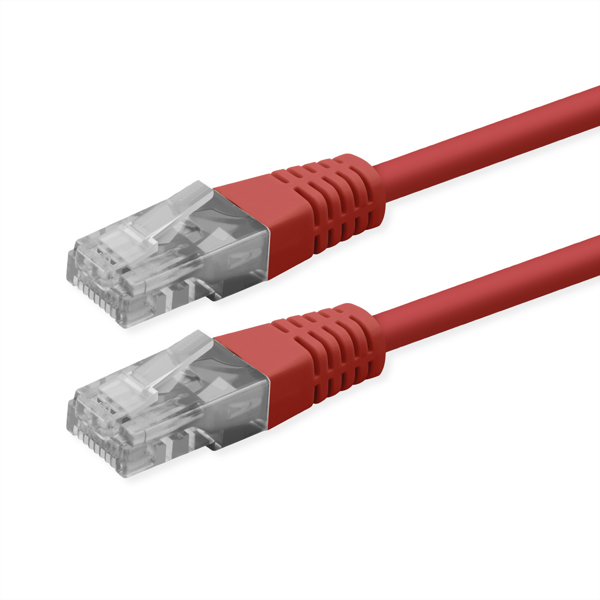 Zwei rote Ethernet-Kabel mit transparenten Steckern liegen nebeneinander.