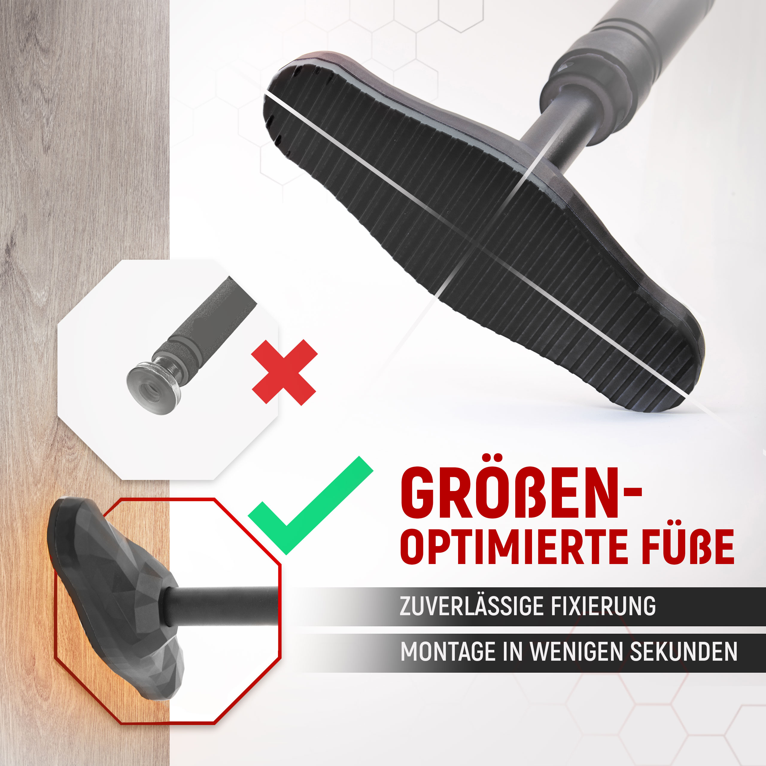 Größenoptimierte Füße mit zuverlässiger Fixierung und schneller Montage.