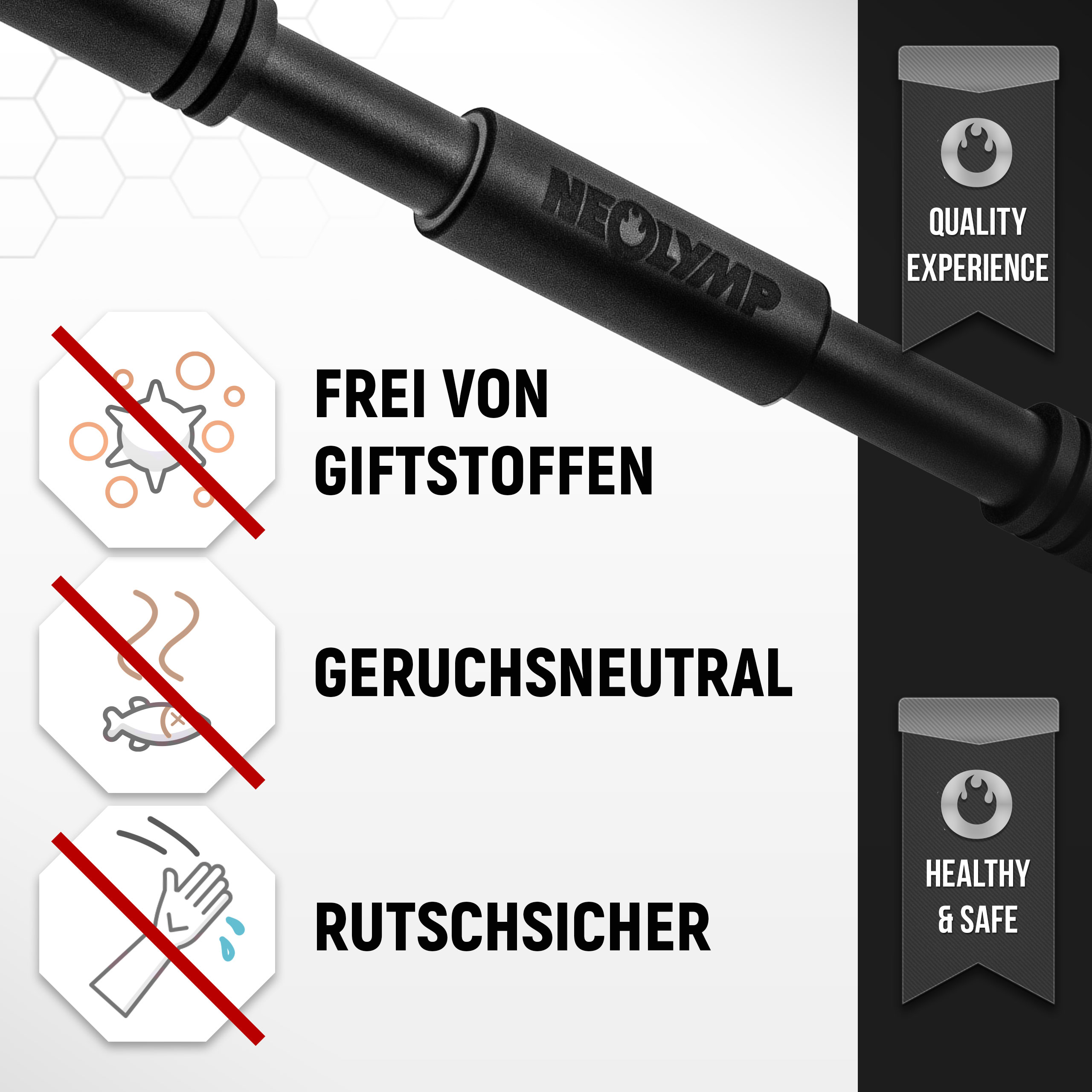 Schwarzer Gegenstand mit Text: Frei von Giftstoffen, Geruchsneutral, Rutschsicher.
