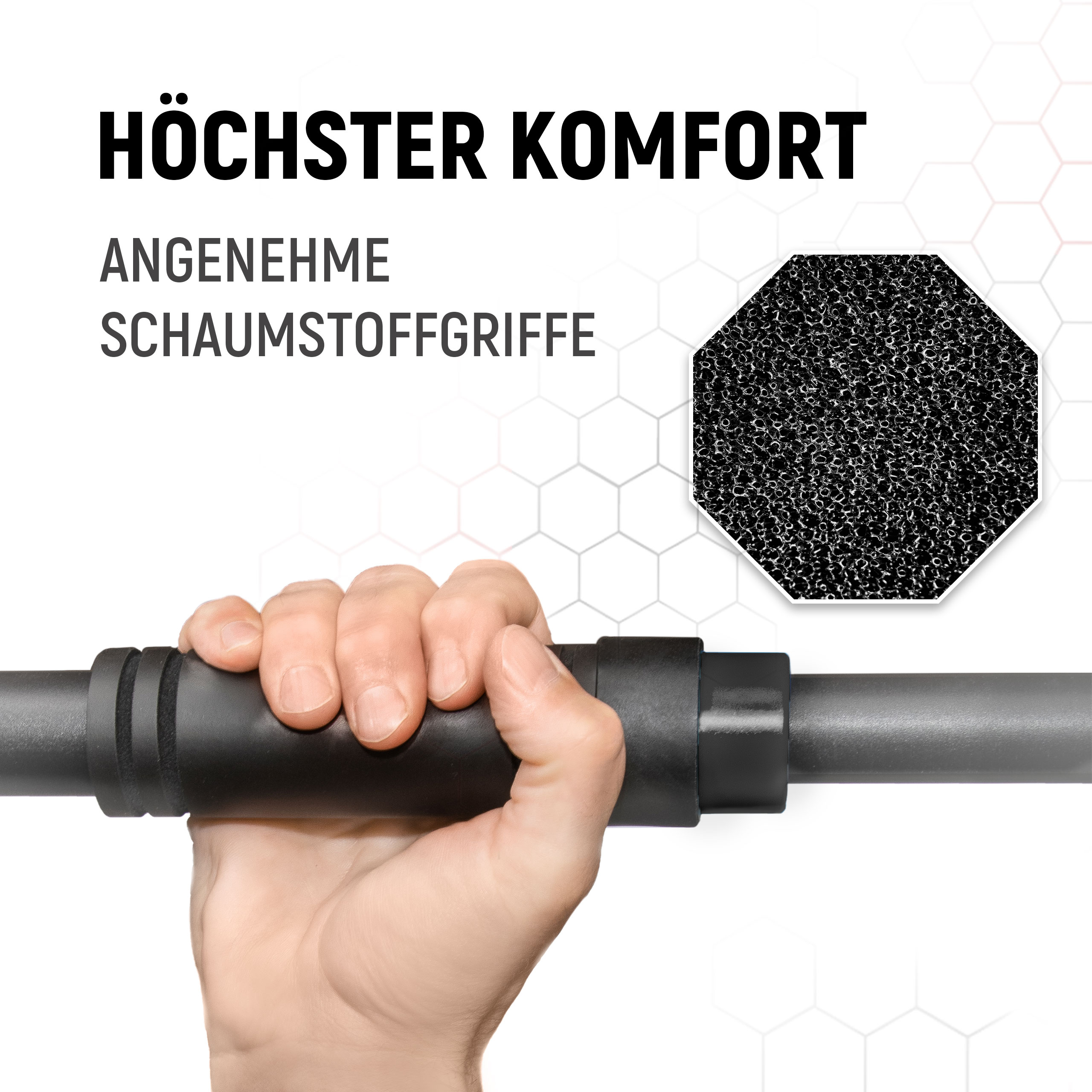 Hand greift schwarzen Schaumstoffgriff mit Wabenmuster-Hintergrund.