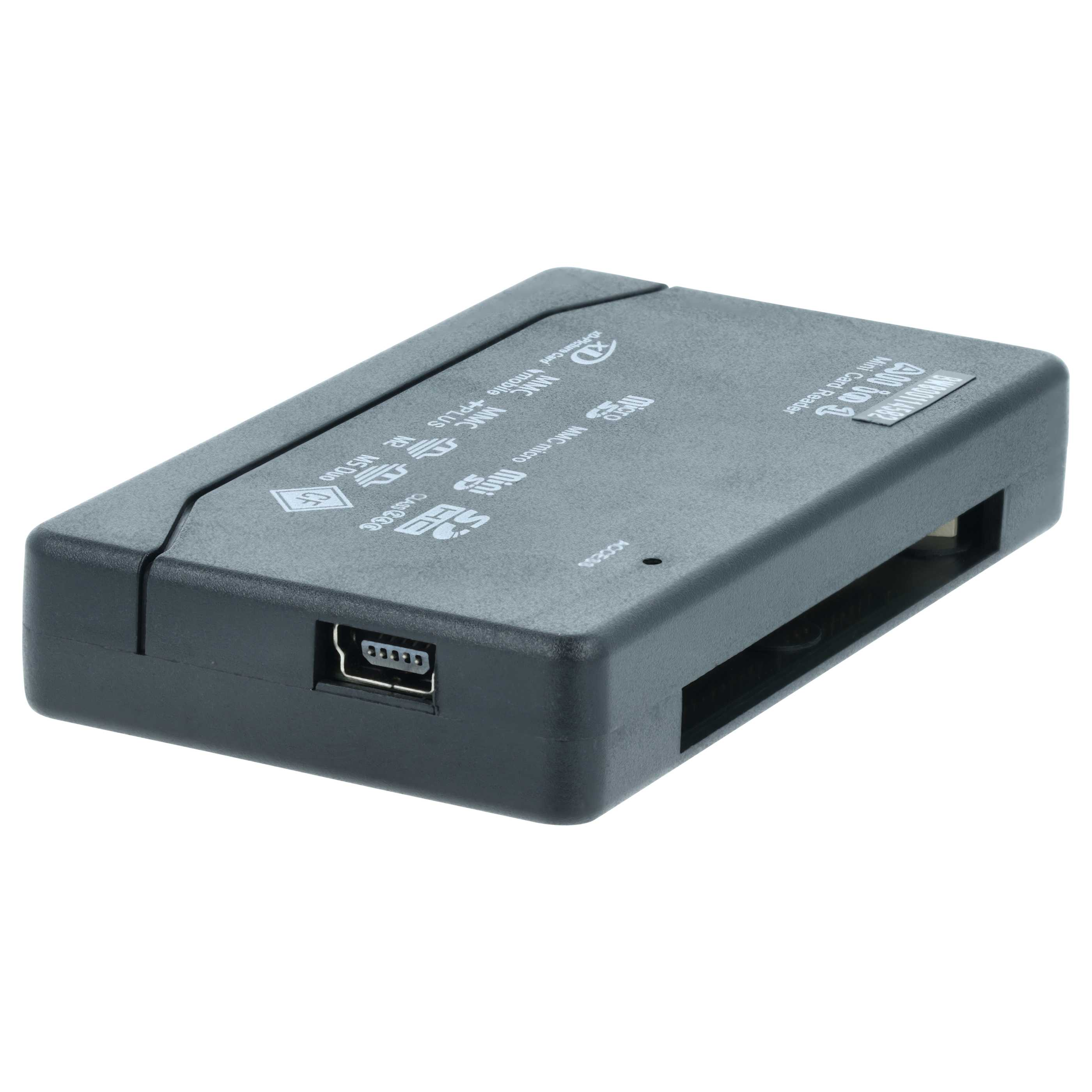 Ein schwarzer Kartenleser mit einem USB-Anschluss und Schlitzen für Speicherkarten.