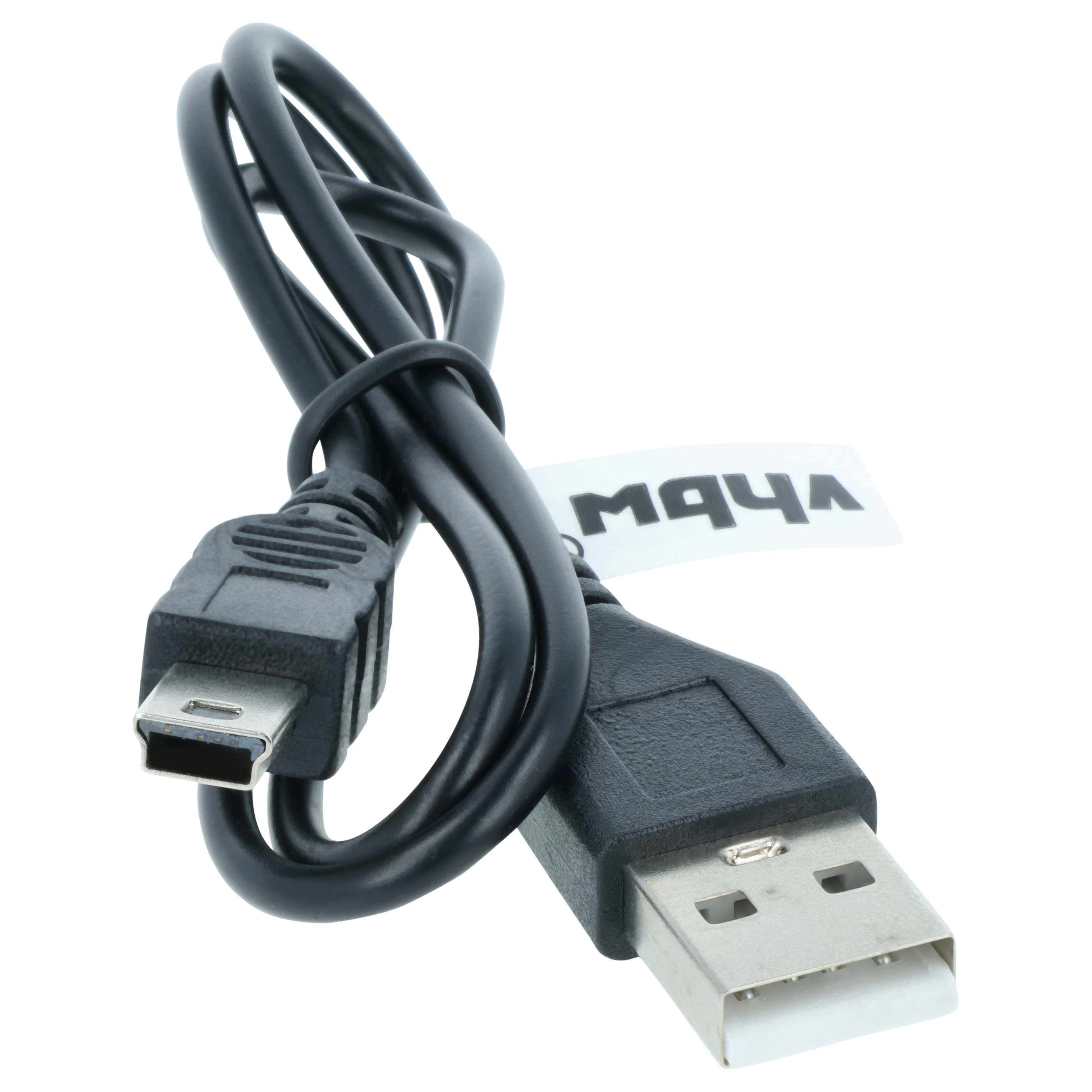 Ein schwarzes USB-Kabel mit Mini-USB- und USB-A-Steckern, auf weißem Hintergrund.