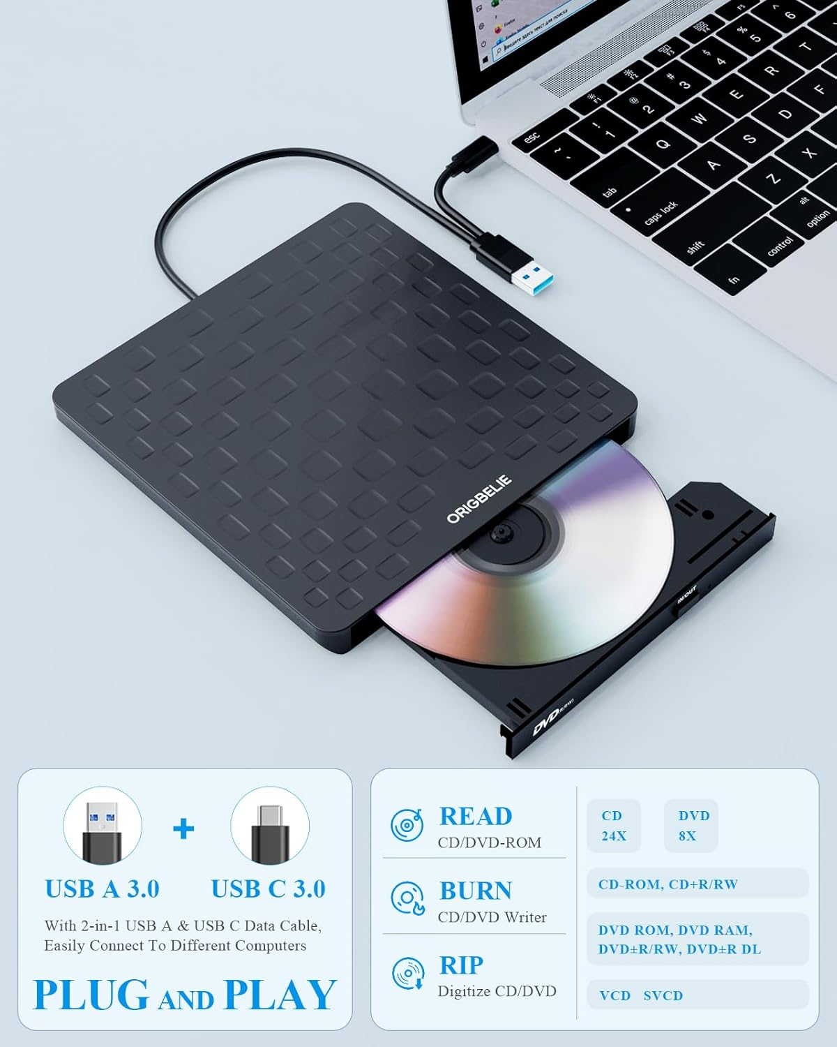 Schwarzer externer CD/DVD-Brenner mit eingelegter Disc, verbunden mit einem Laptop.