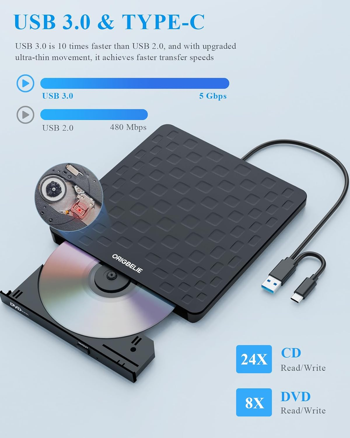 Schwarzer externer USB 3.0 CD/DVD-Brenner mit eingelegter Disc.