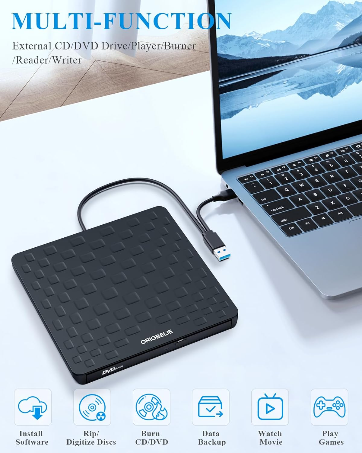 Schwarzes externes CD/DVD-Laufwerk mit Laptop und Symbolen für Funktionen.