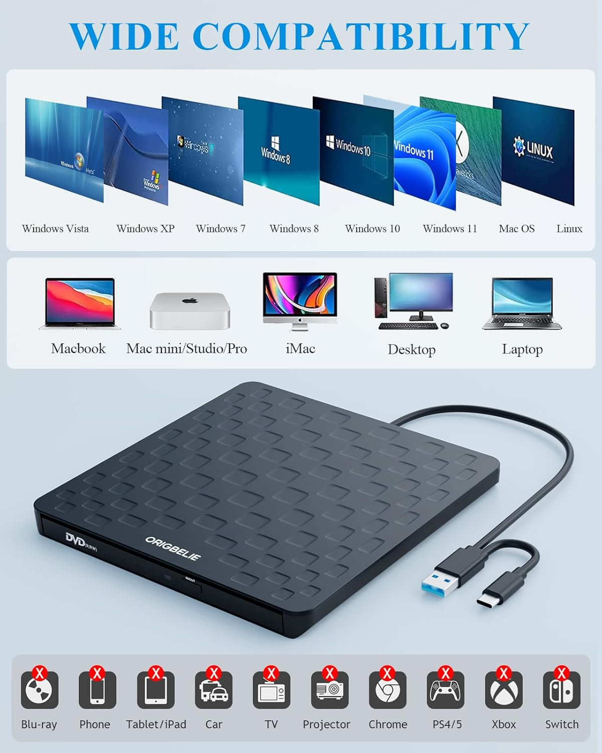 Schwarzer externer DVD-Brenner mit USB-C-Kabel, kompatibel mit vielen Geräten.