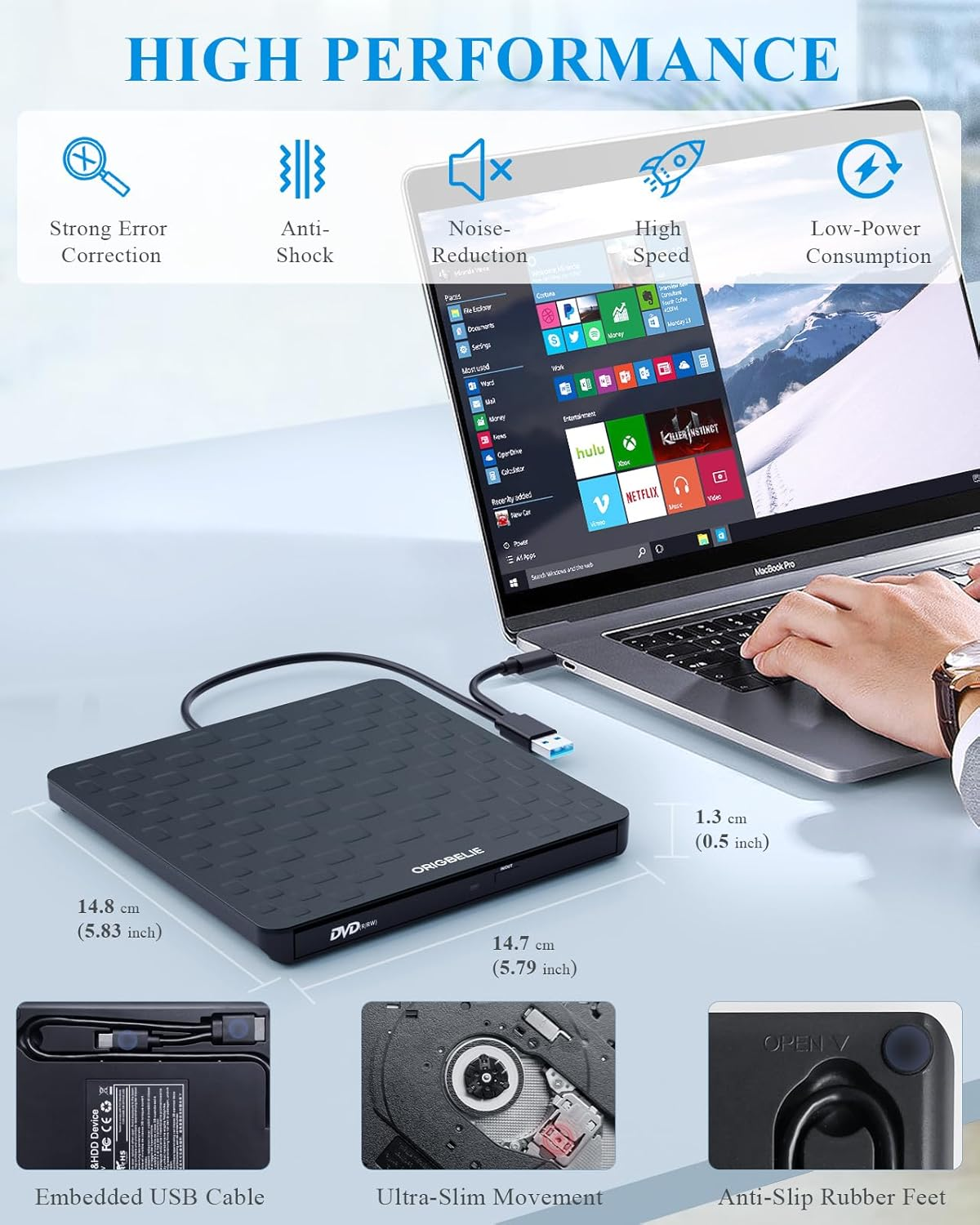 Schwarzes externes DVD-Laufwerk mit USB-Kabel neben einem geöffneten Laptop.