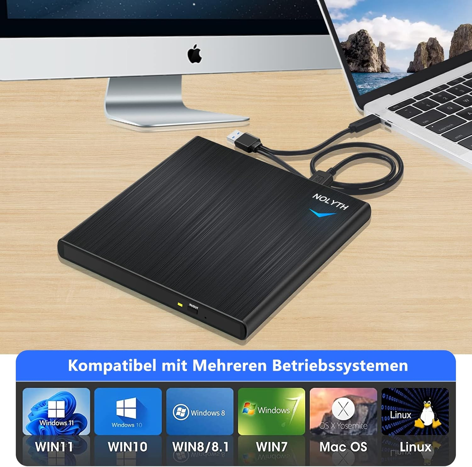 Schwarzer externer USB-DVD-Brenner, angeschlossen an einen Laptop und iMac.