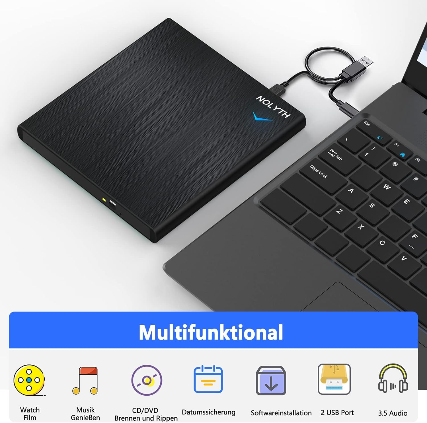 Schwarzes externes CD/DVD-Laufwerk mit USB-Kabel, das an ein Notebook angeschlossen ist.