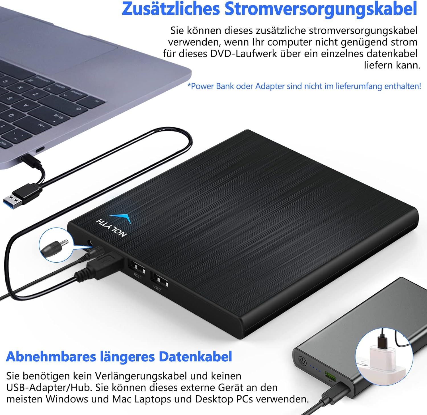 Ein schwarzes externes Laufwerk mit USB-Kabeln, verbunden mit einem Laptop.