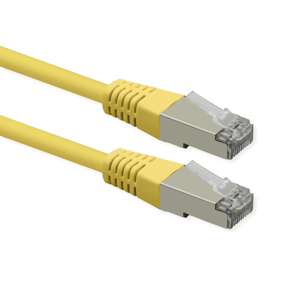 Zwei gelbe Netzwerkkabel mit silbernen Steckern auf weißem Hintergrund.